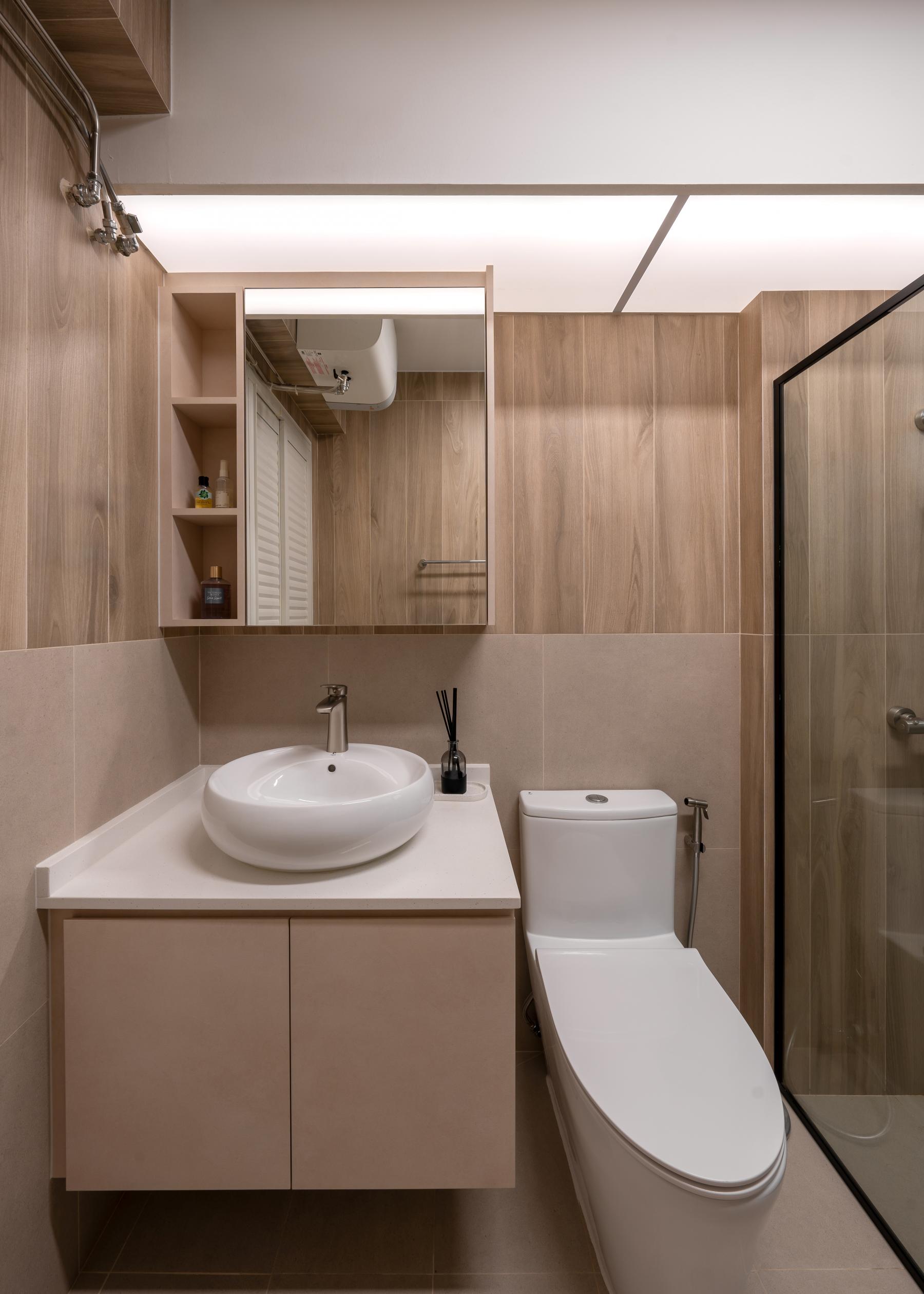Asian Bathroom with Mirror and Bathroom Storage