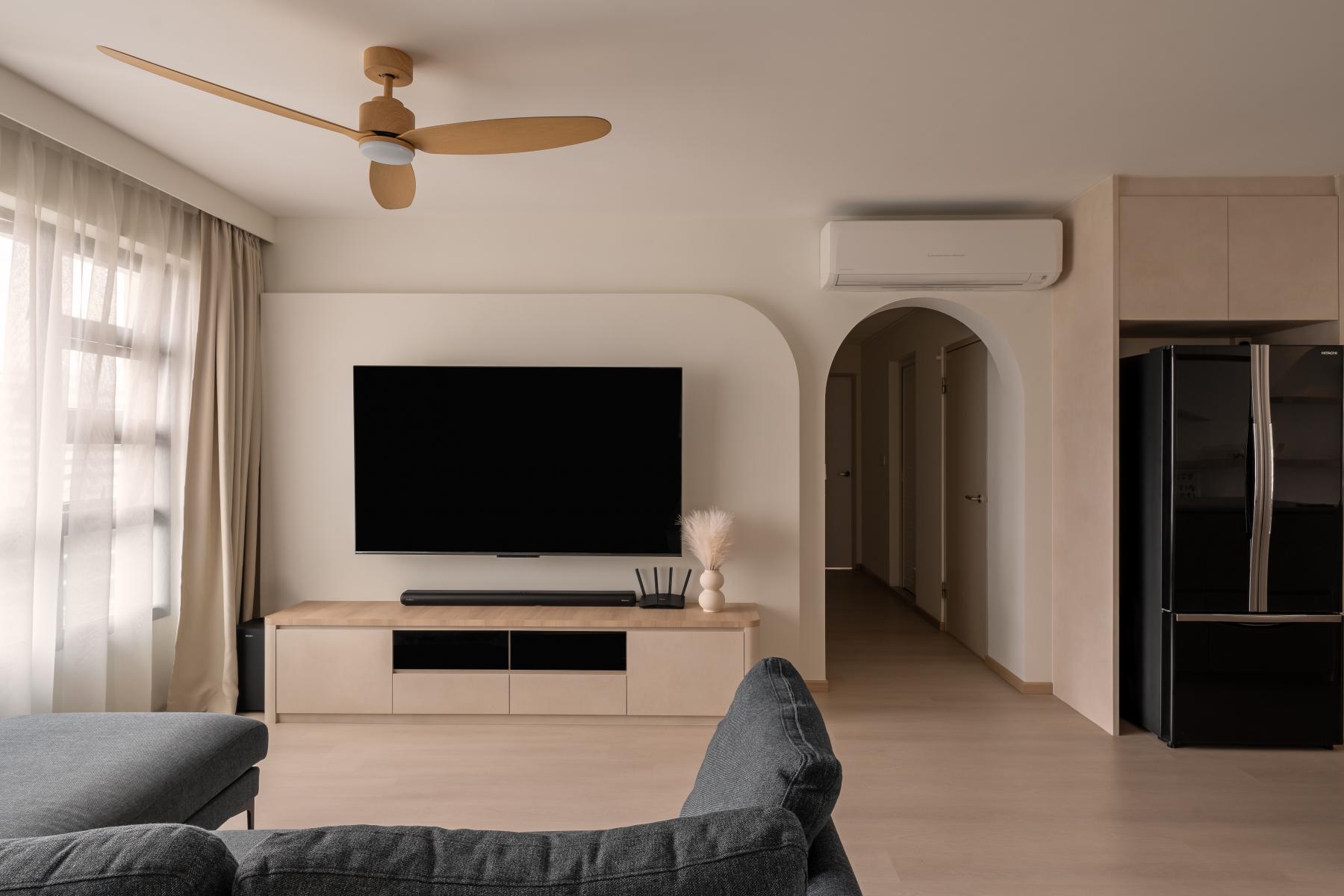 Asian Living Room with Wood Flooring and TV Console
