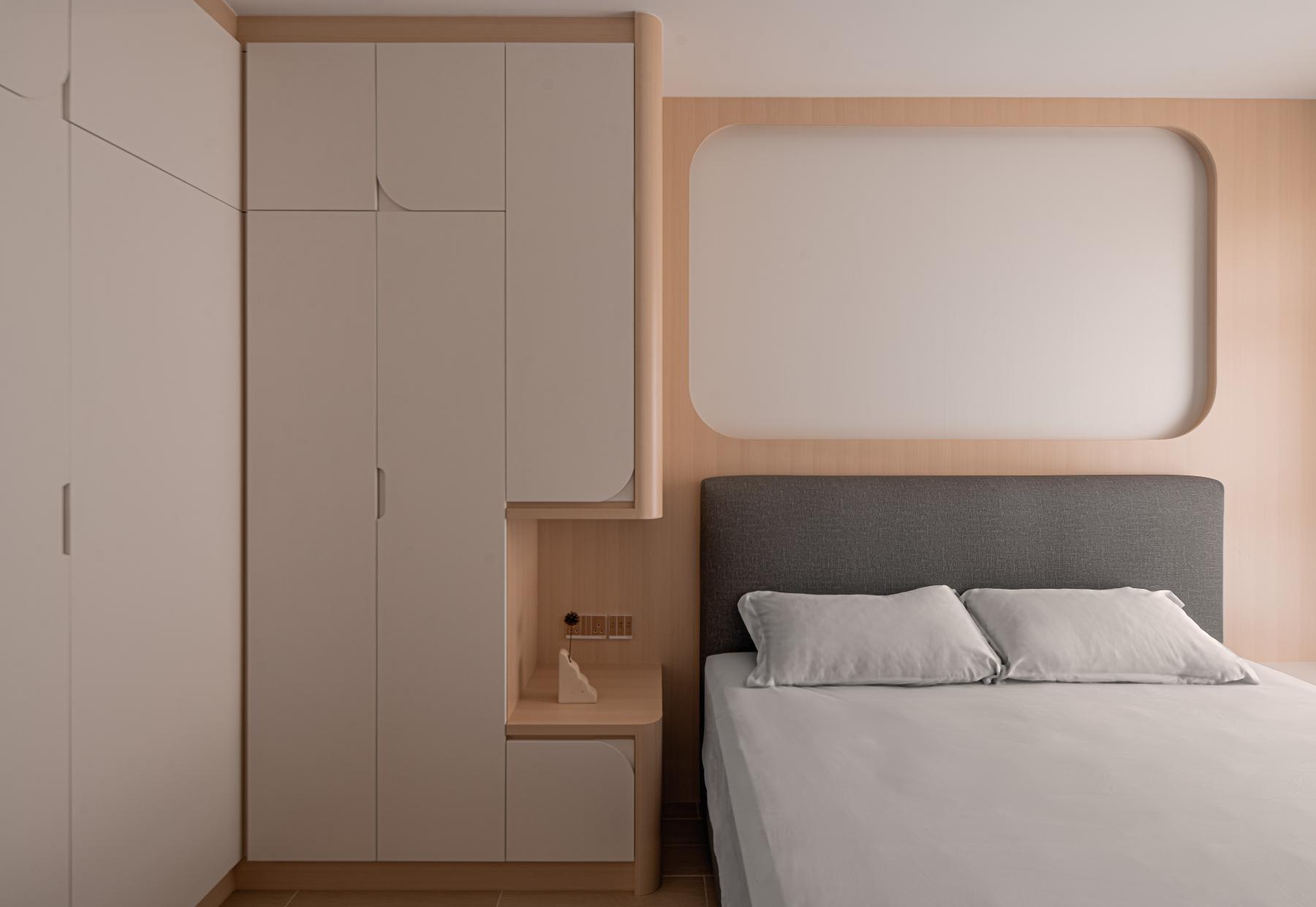 Scandinavian Bedroom with Wood Flooring and Wardrobe