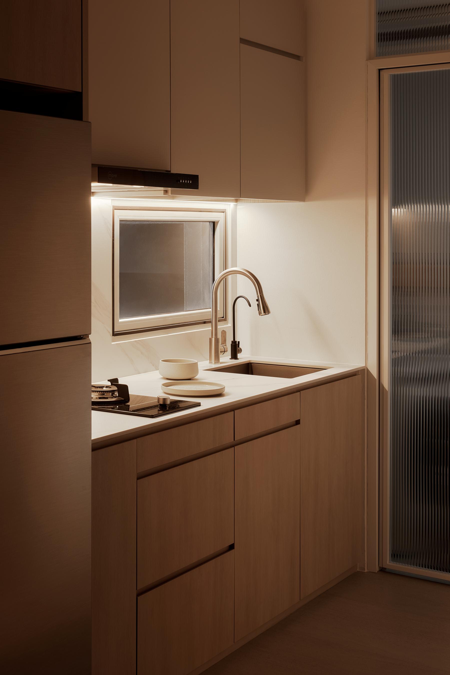 Asian Kitchen with Countertop and Wood Flooring