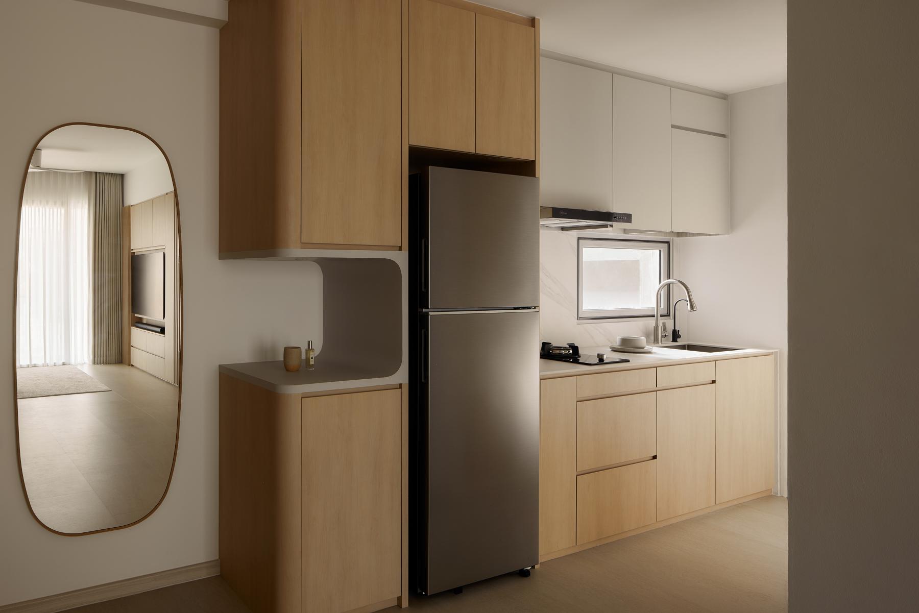 Asian Kitchen with Countertop and Wood Flooring