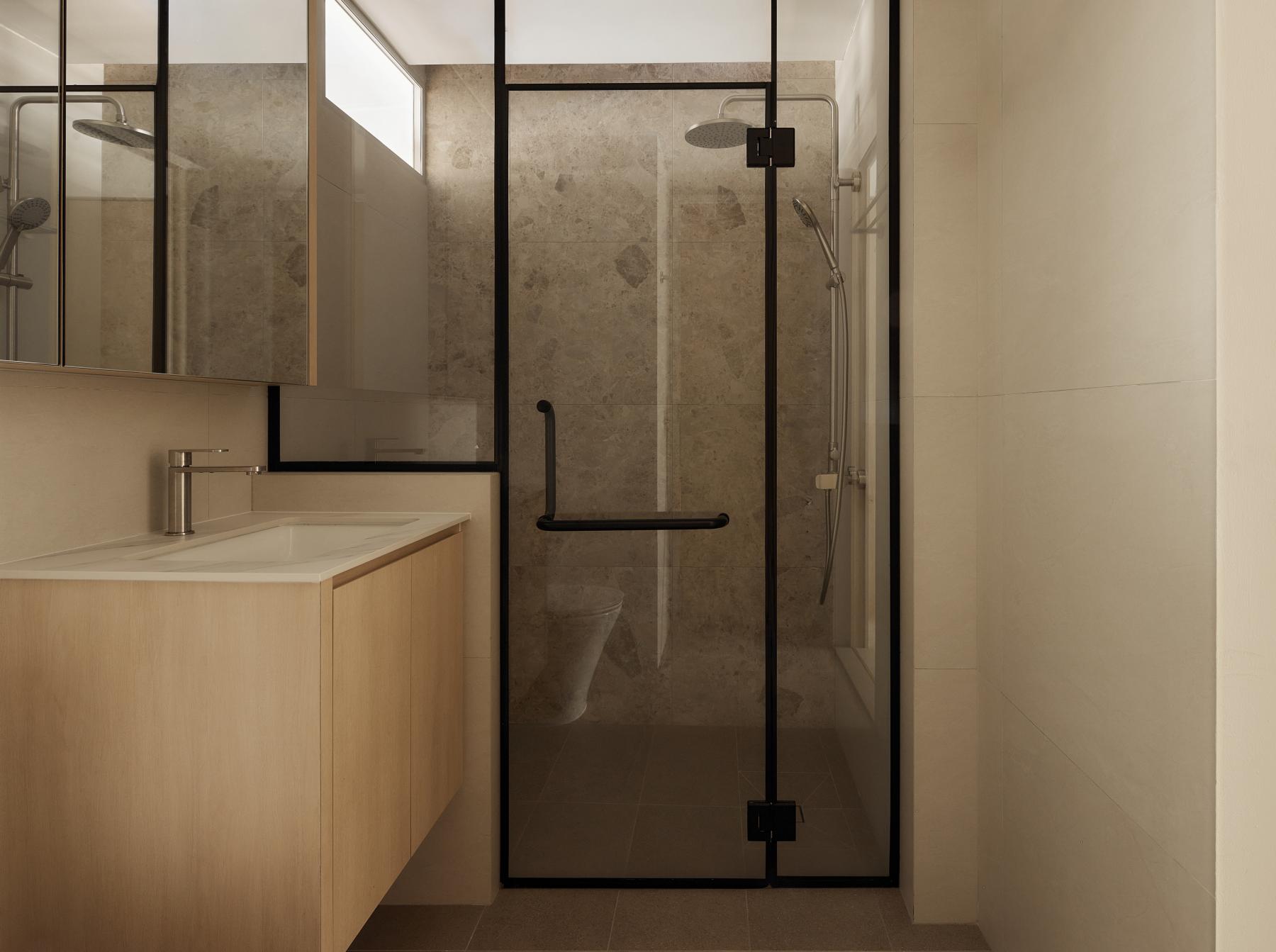 Asian Bathroom with Mirror and Bathroom Storage