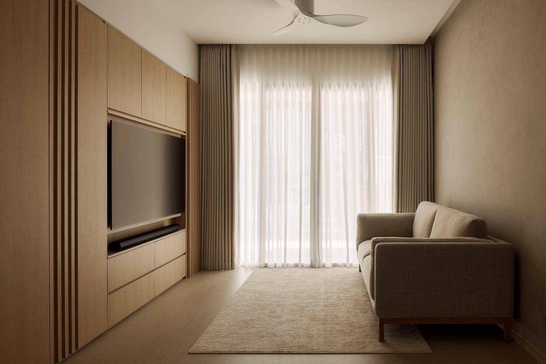 Asian Living Room with Wood Flooring and TV Console