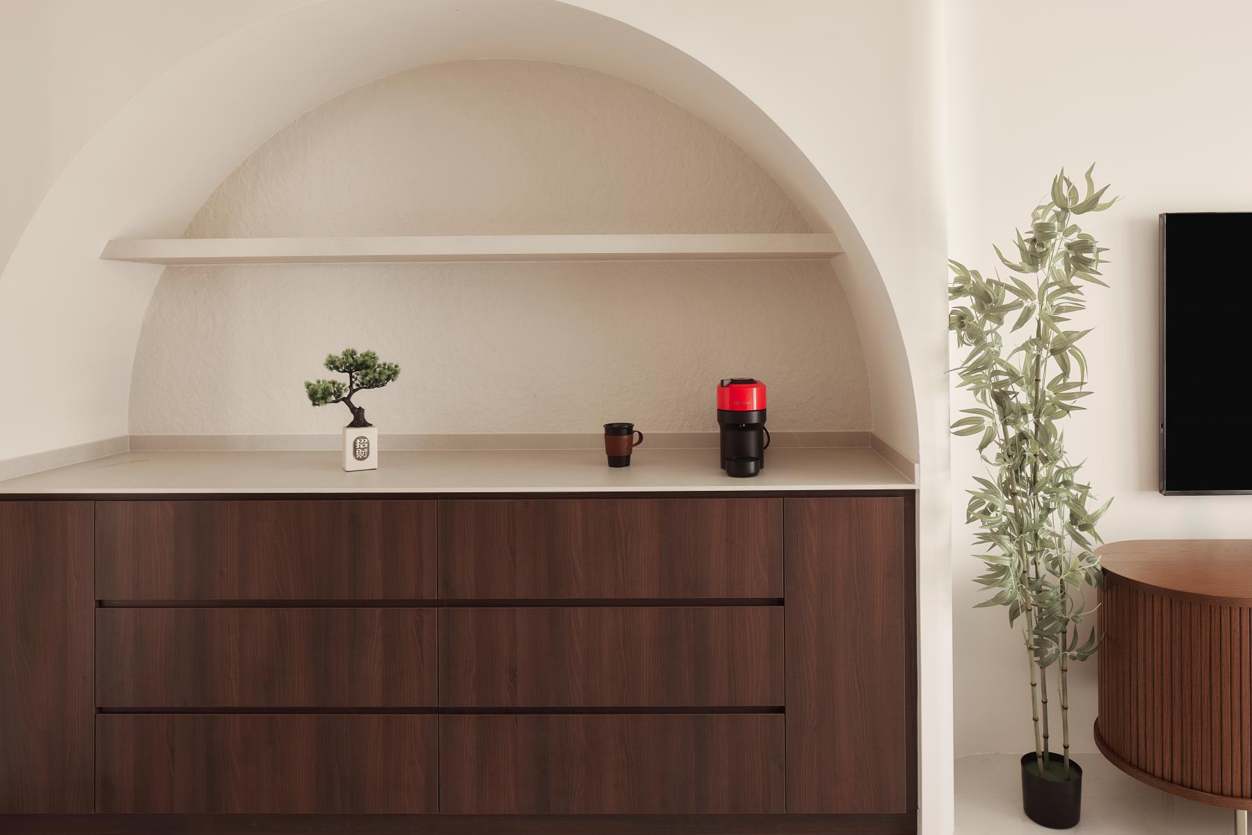 Asian Living Room with Storage Cabinets and Display Cabinets