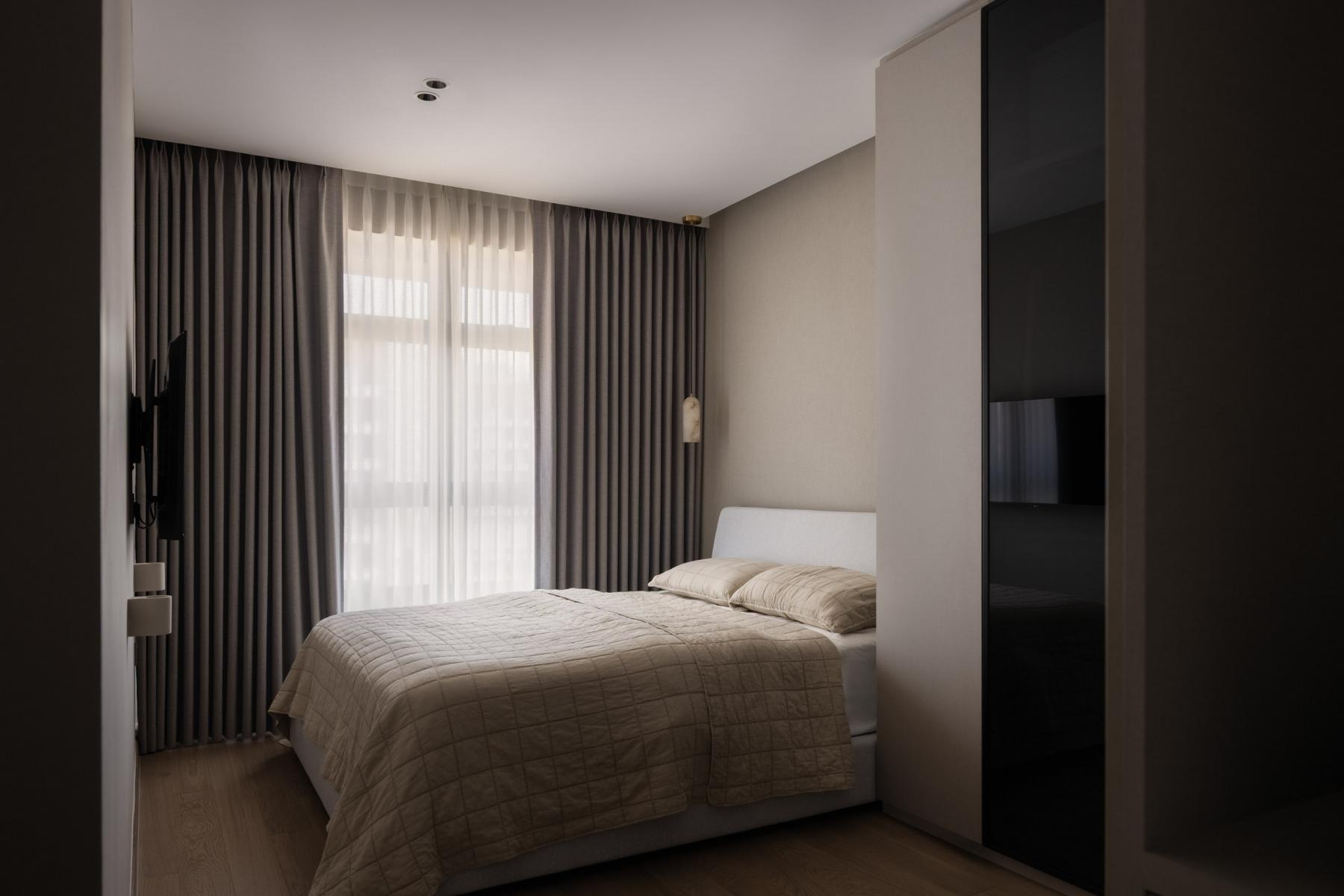 Contemporary Bedroom with Wood Flooring and Drop Light