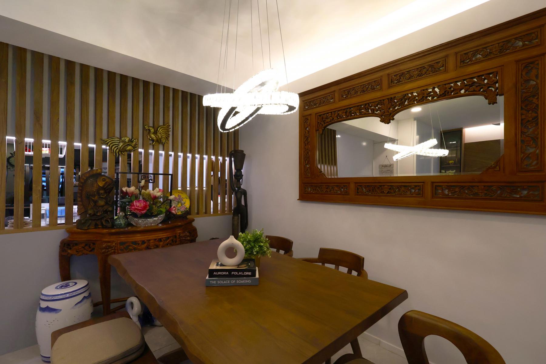 Contemporary Dining Room with Chandelier and Dining Table