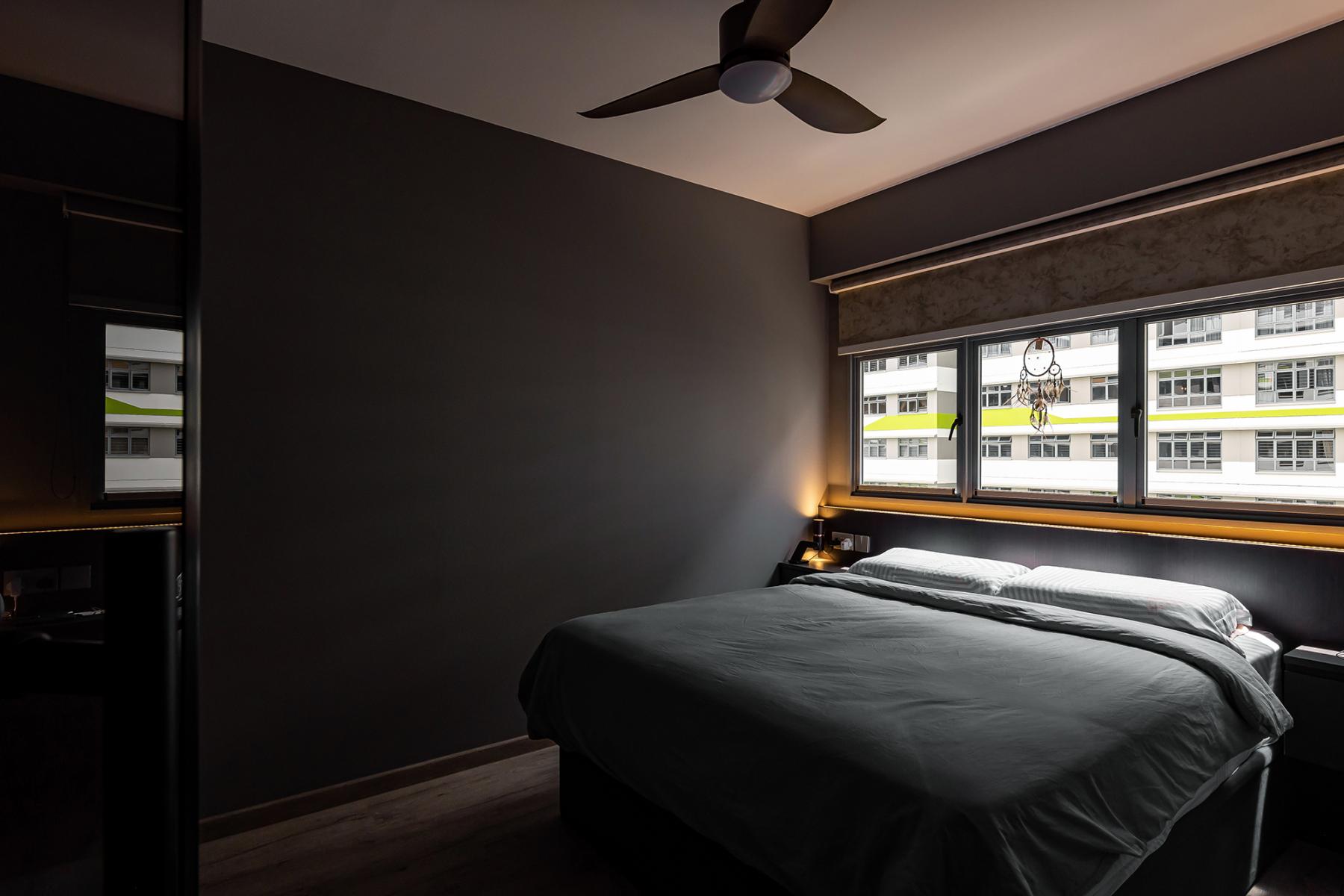 Industrial Bedroom with Vinyl Flooring and Feature Wall