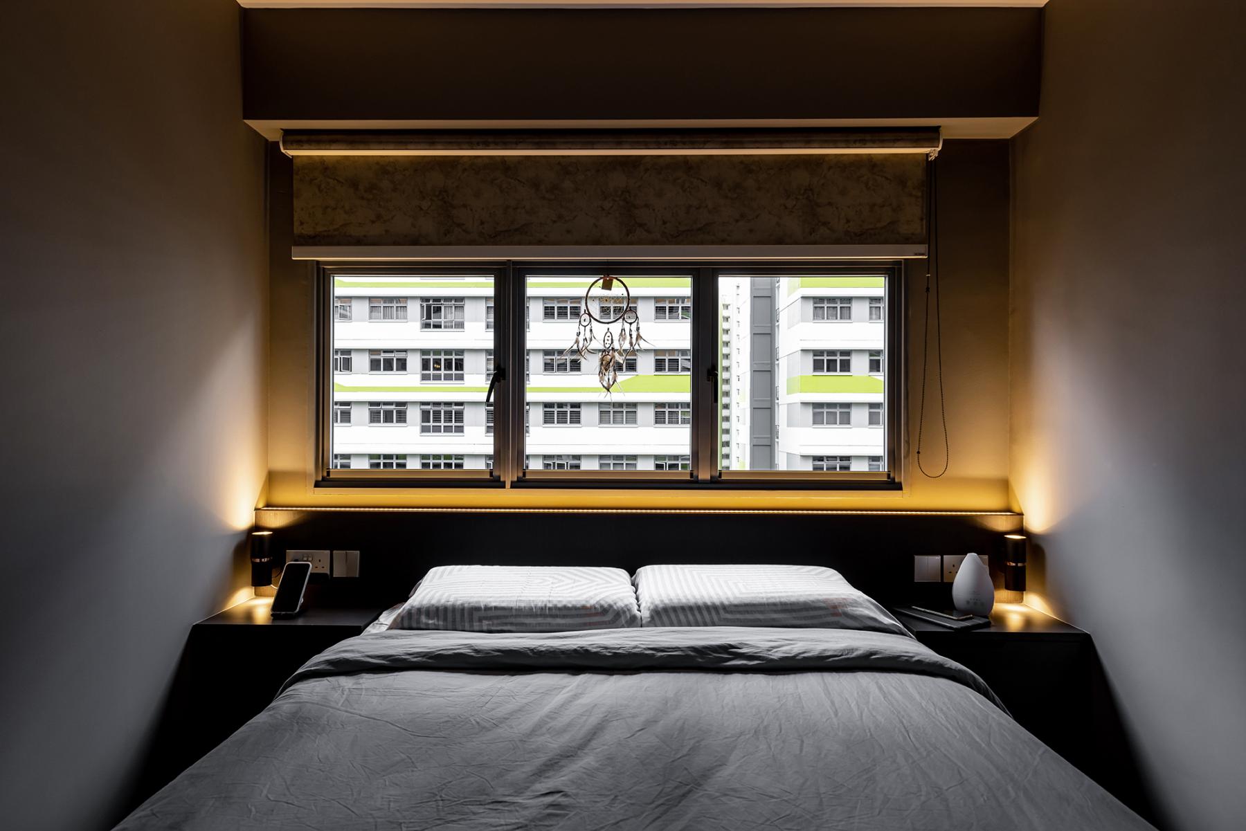 Industrial Bedroom with Feature Wall and Bedside Table