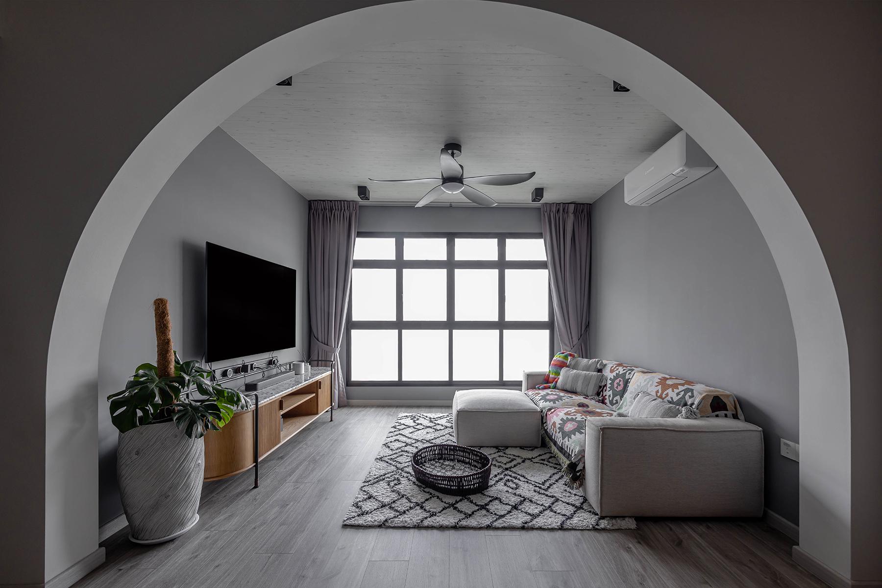 Country Living Room with Vinyl Flooring and Wallpaper