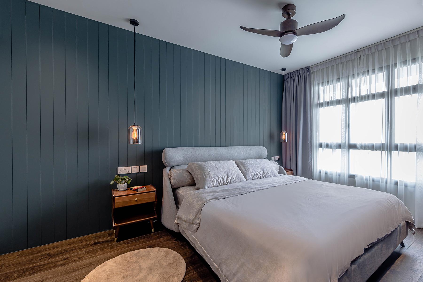 Country Bedroom with Vinyl Flooring and Feature Wall