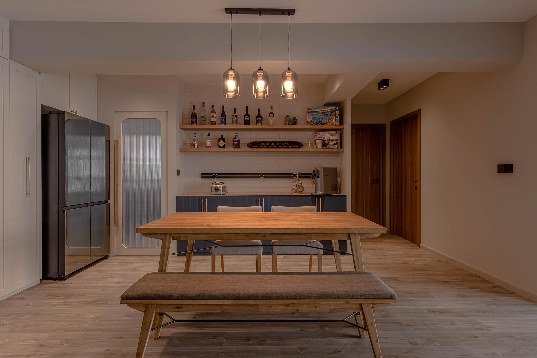 Country Dining Room with Vinyl Flooring and Feature Wall