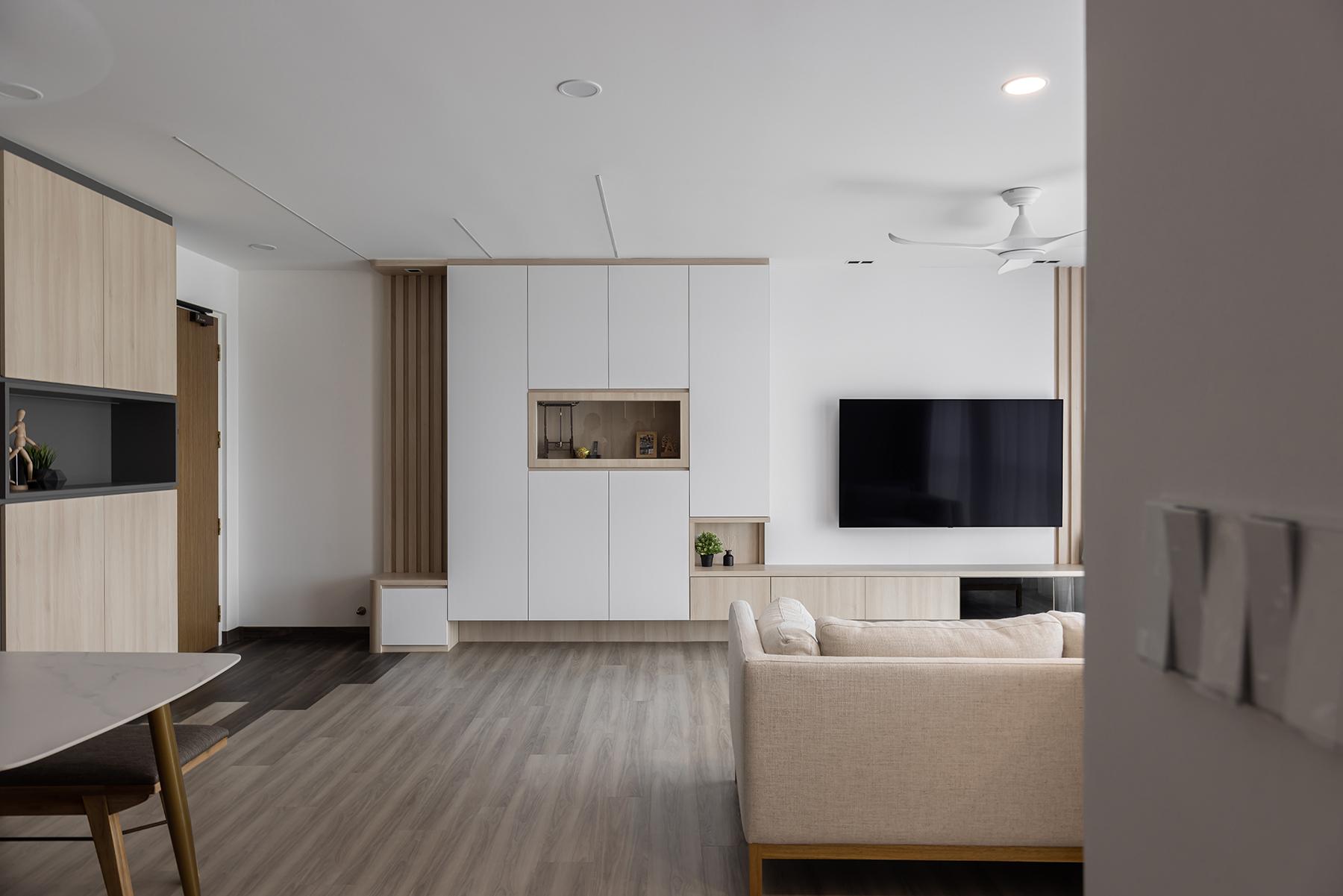 Modern Living Room with Vinyl Flooring and Feature Wall