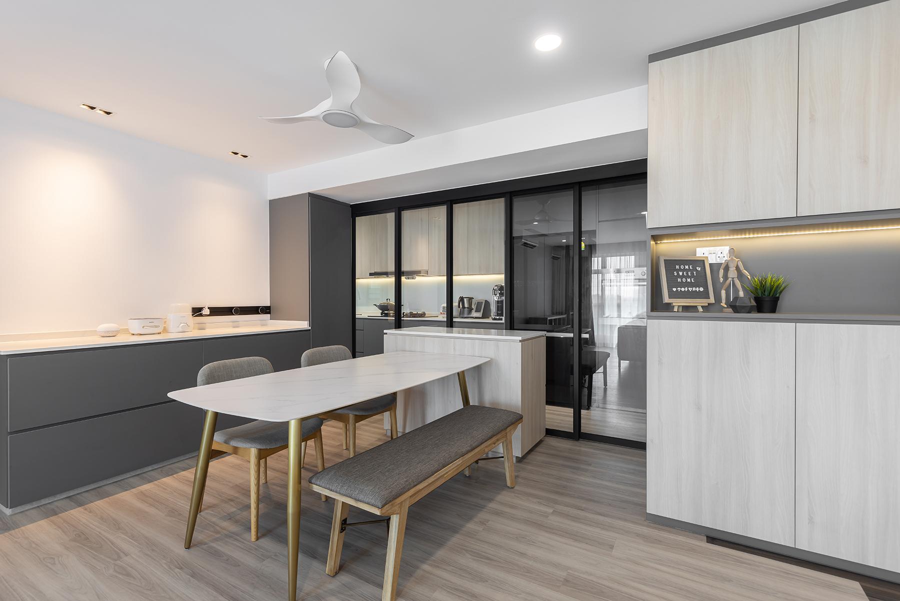 Modern Dining Room with Vinyl Flooring and Kitchen Island