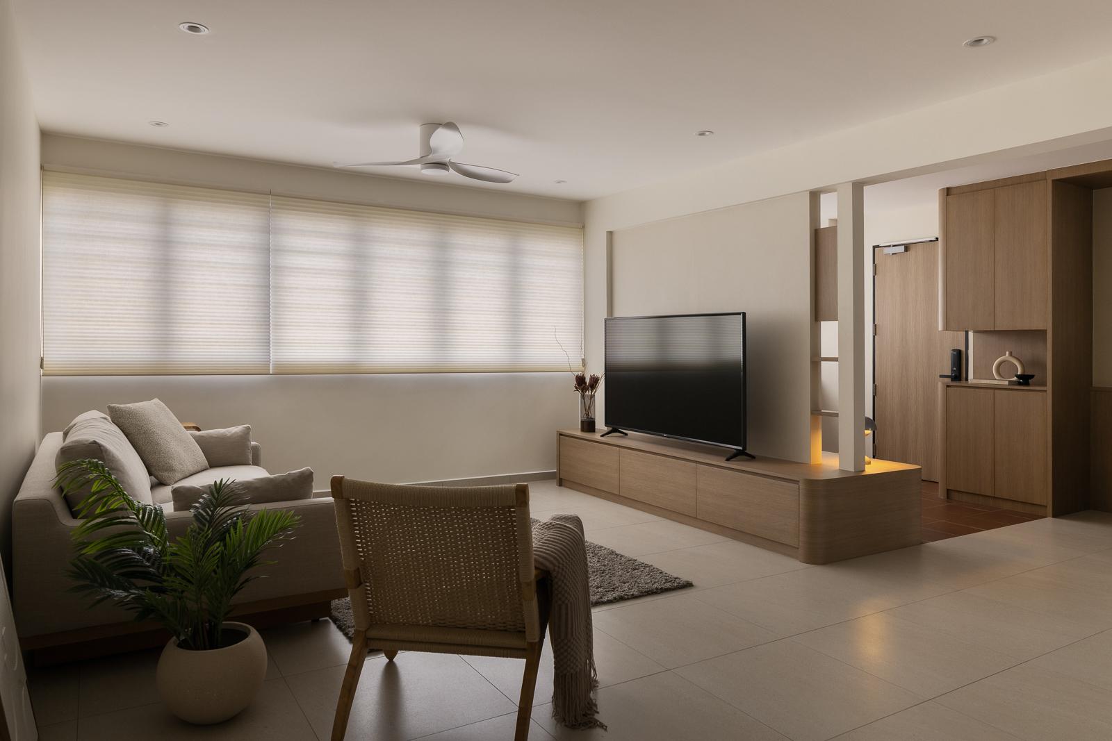 Asian Living Room with Homogeneous Tiles and TV Console