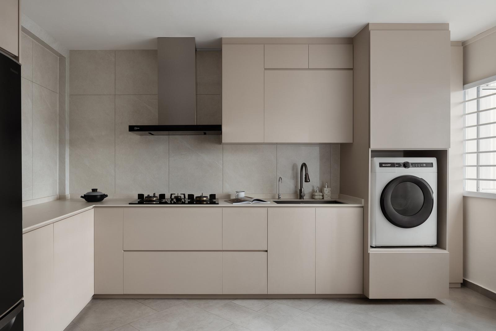 Modern Kitchen with Homogeneous Tiles and Washing Machine