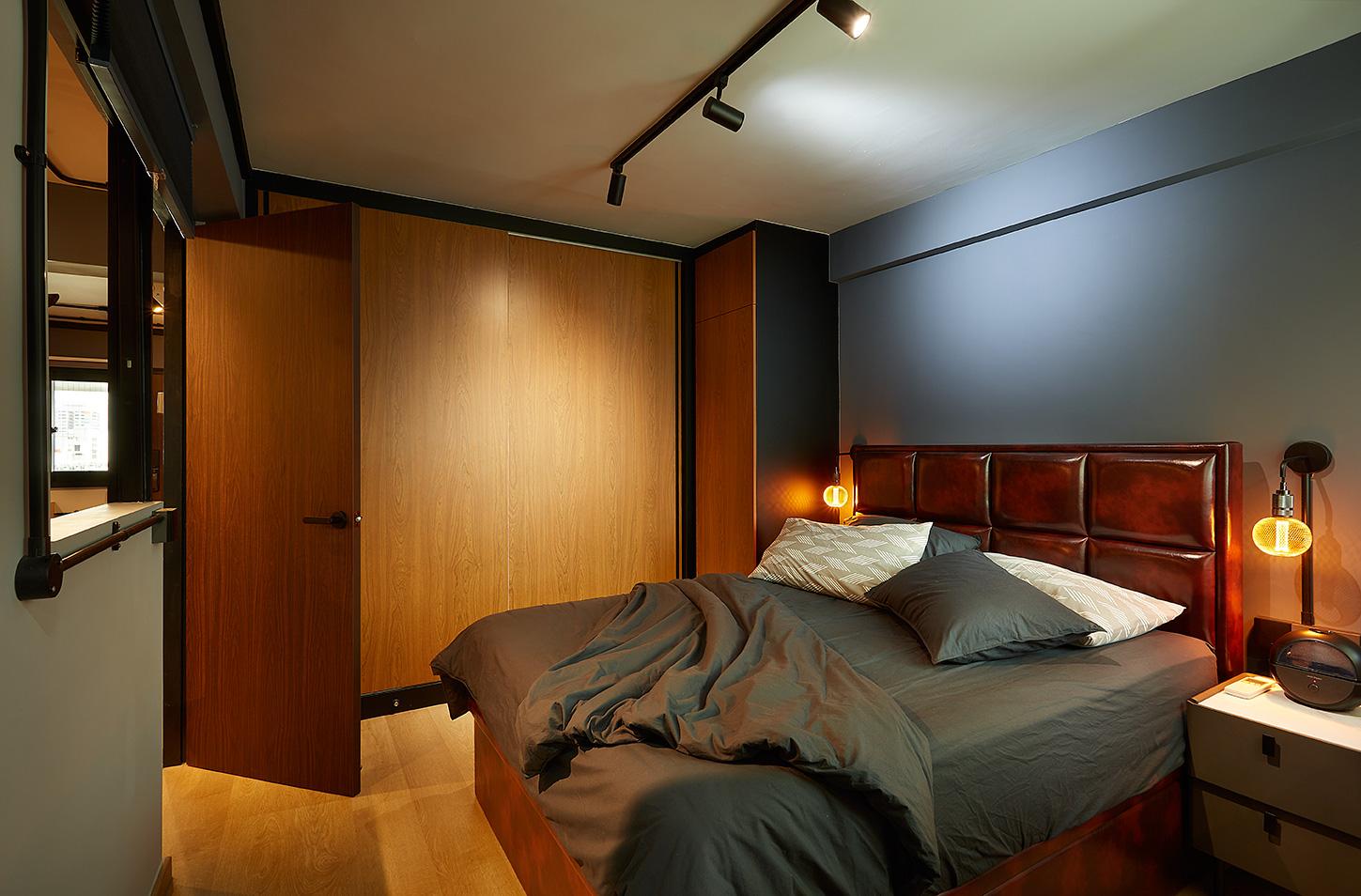 Industrial Bedroom with Vinyl Flooring and Wardrobe
