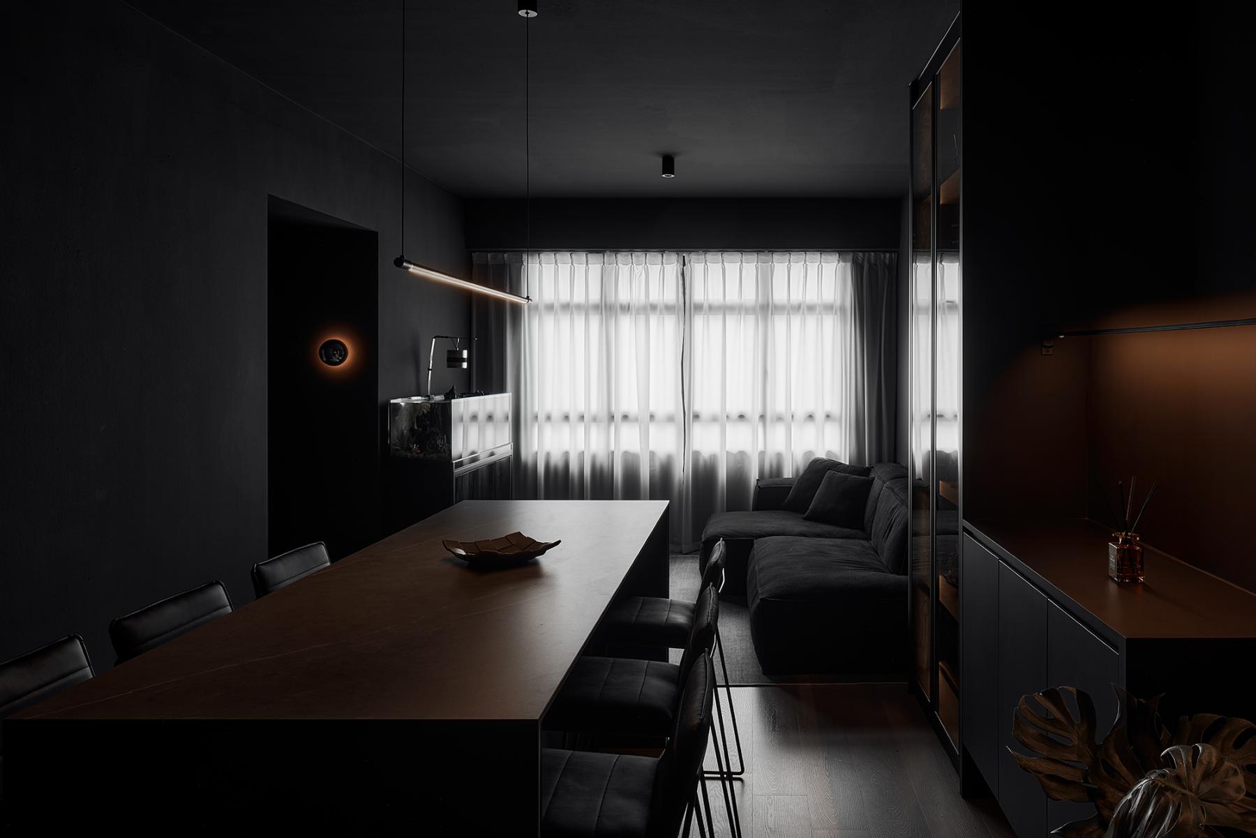 Contemporary Living Room with Bookshelf and Drop Light