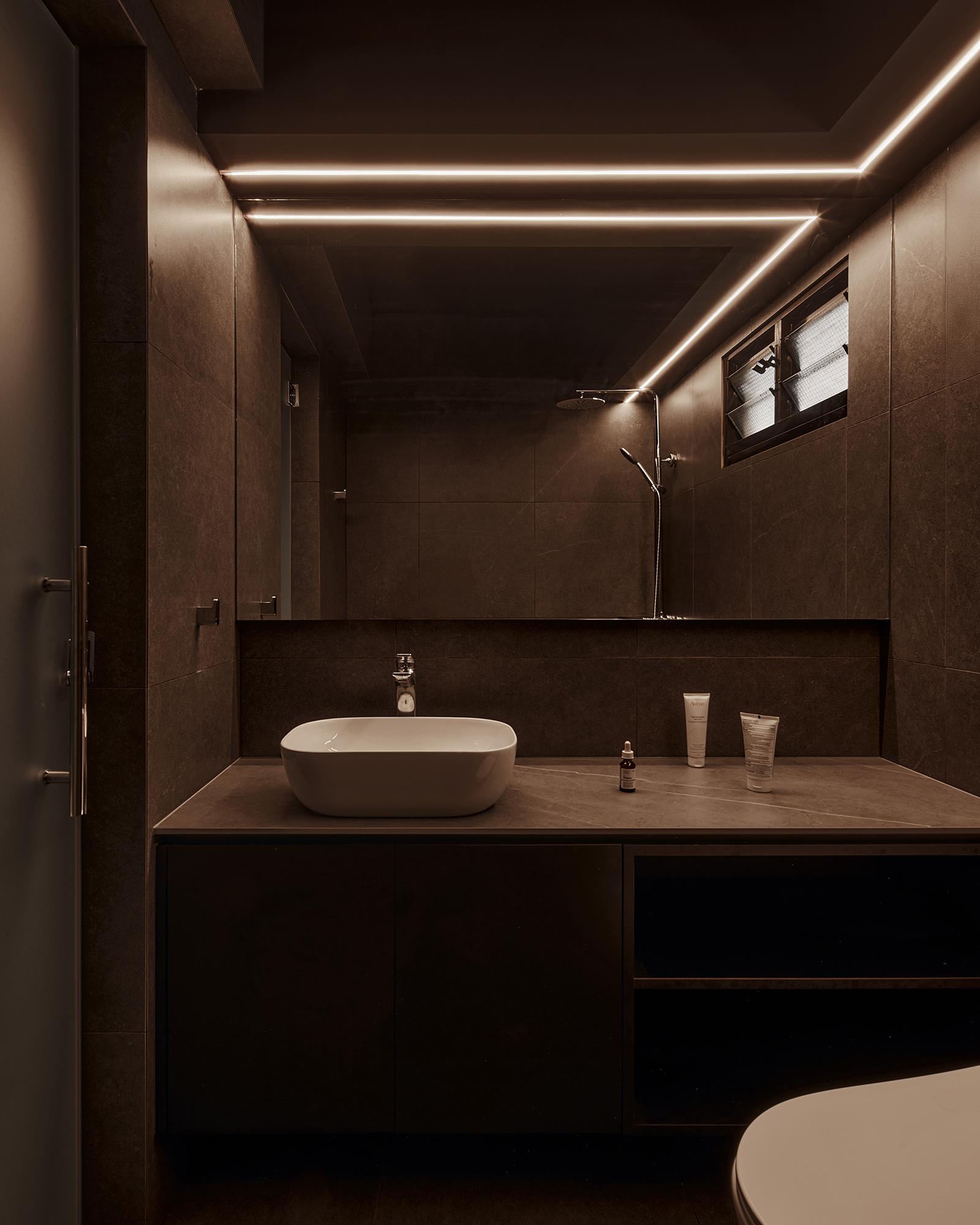 Contemporary Bathroom with Wood Flooring and Mirror