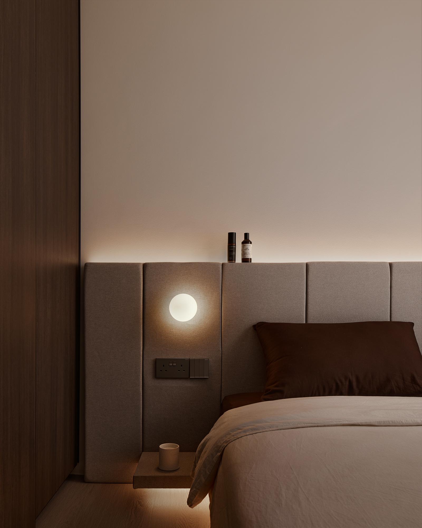 Contemporary Bedroom with Granite Floor and Ceiling Light