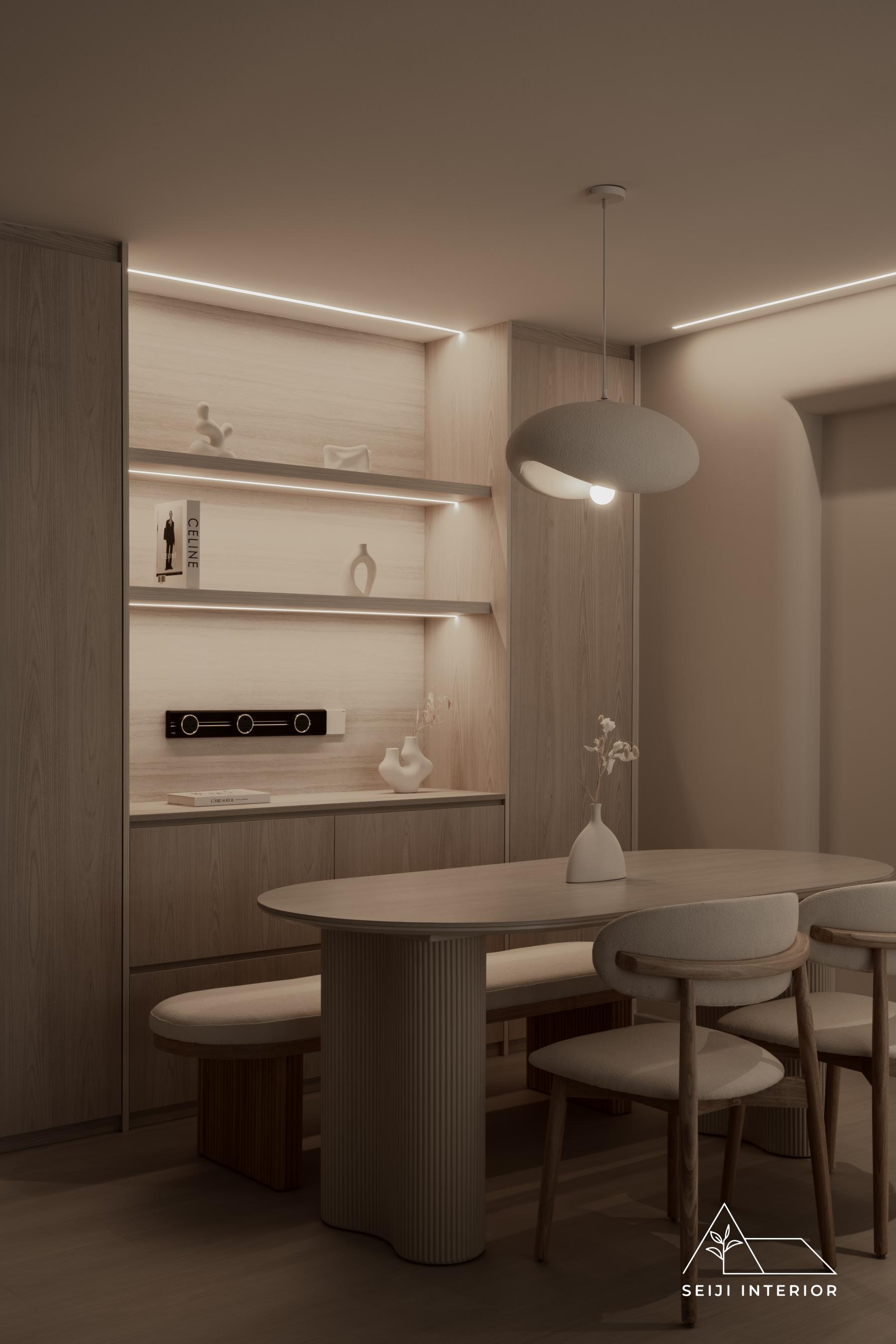 Minimalist Dining Room with Drop Light and Dining Table
