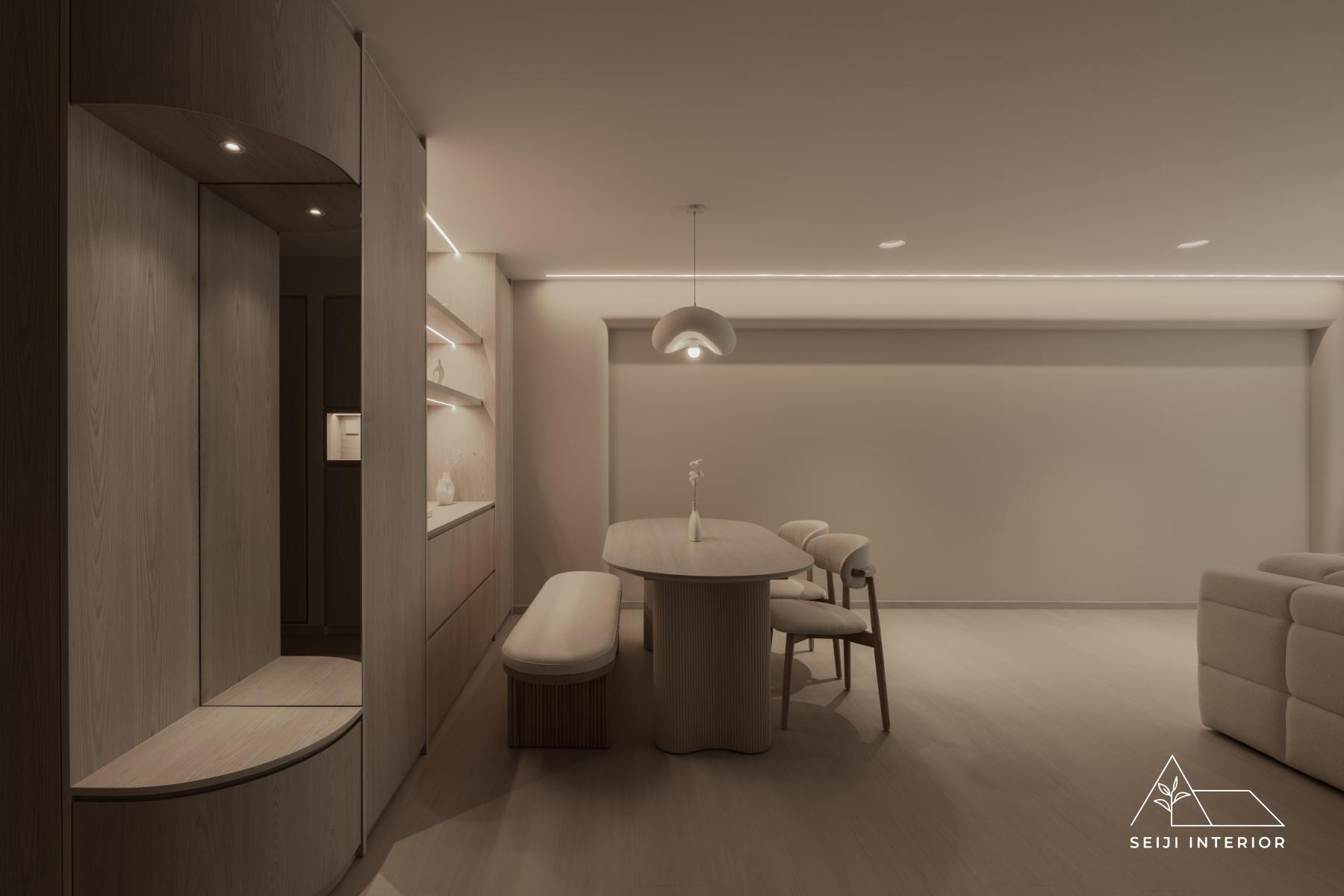 Minimalist Dining Room with Drop Light and Cove Lighting