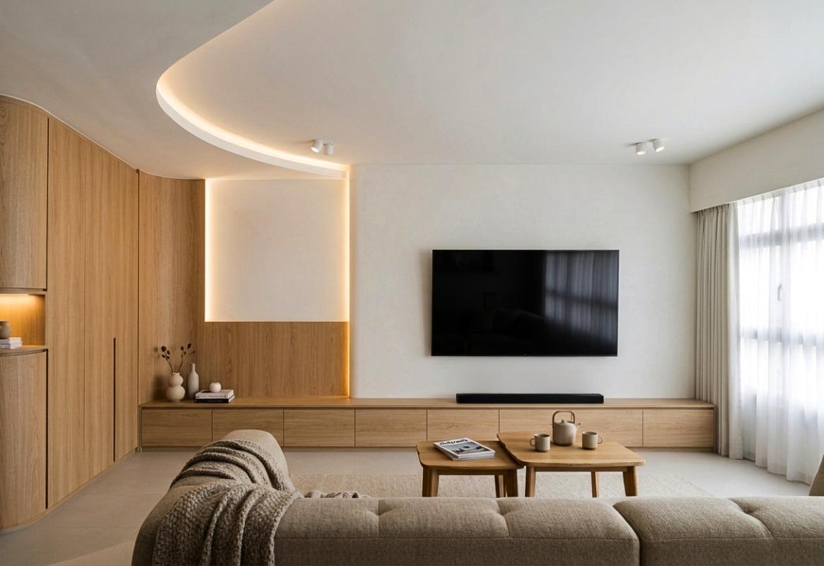 Scandinavian Living Room with TV Console and Feature Wall