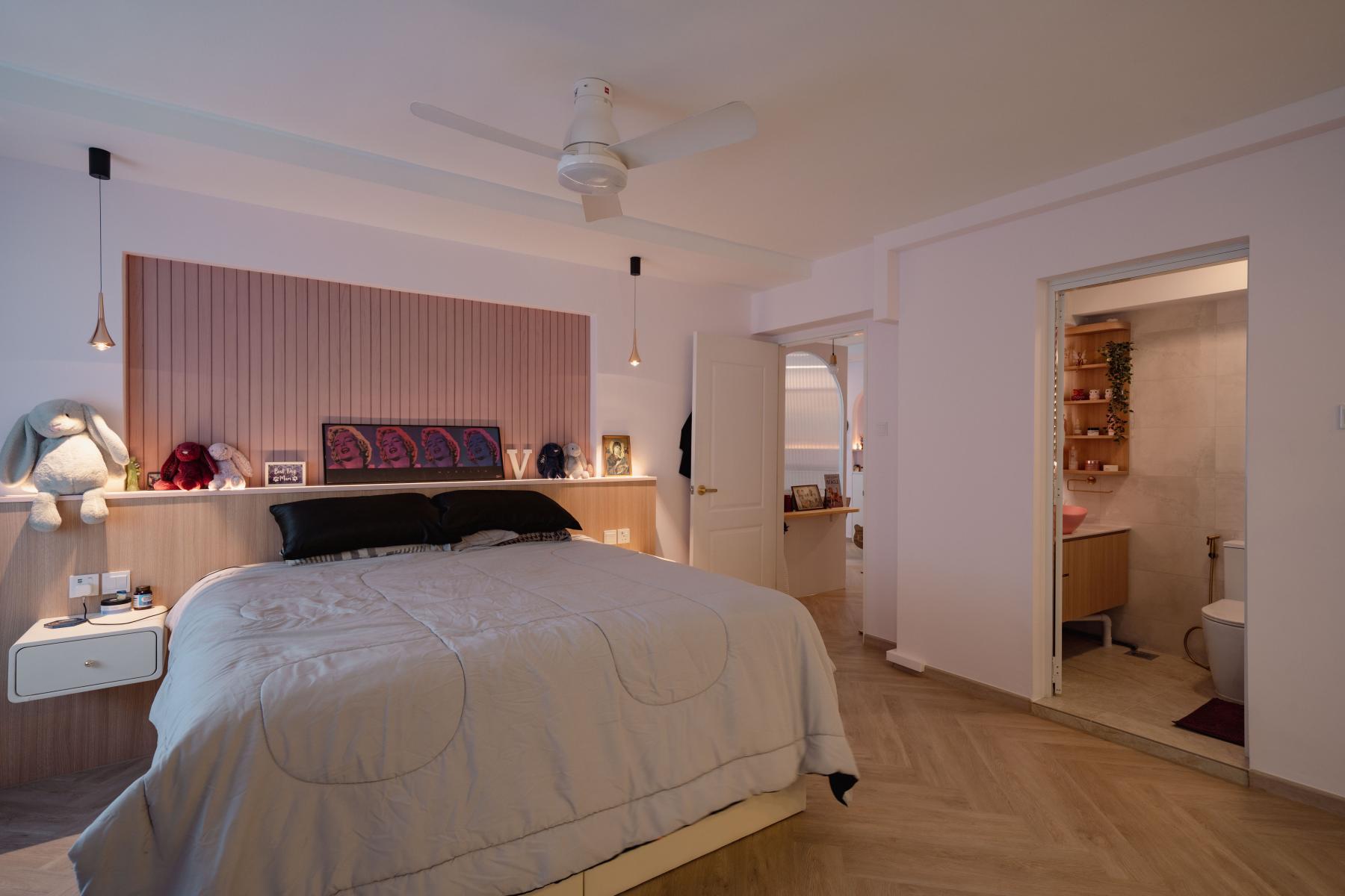 Country Bedroom with Herringbone Tiling and Built-in Bed