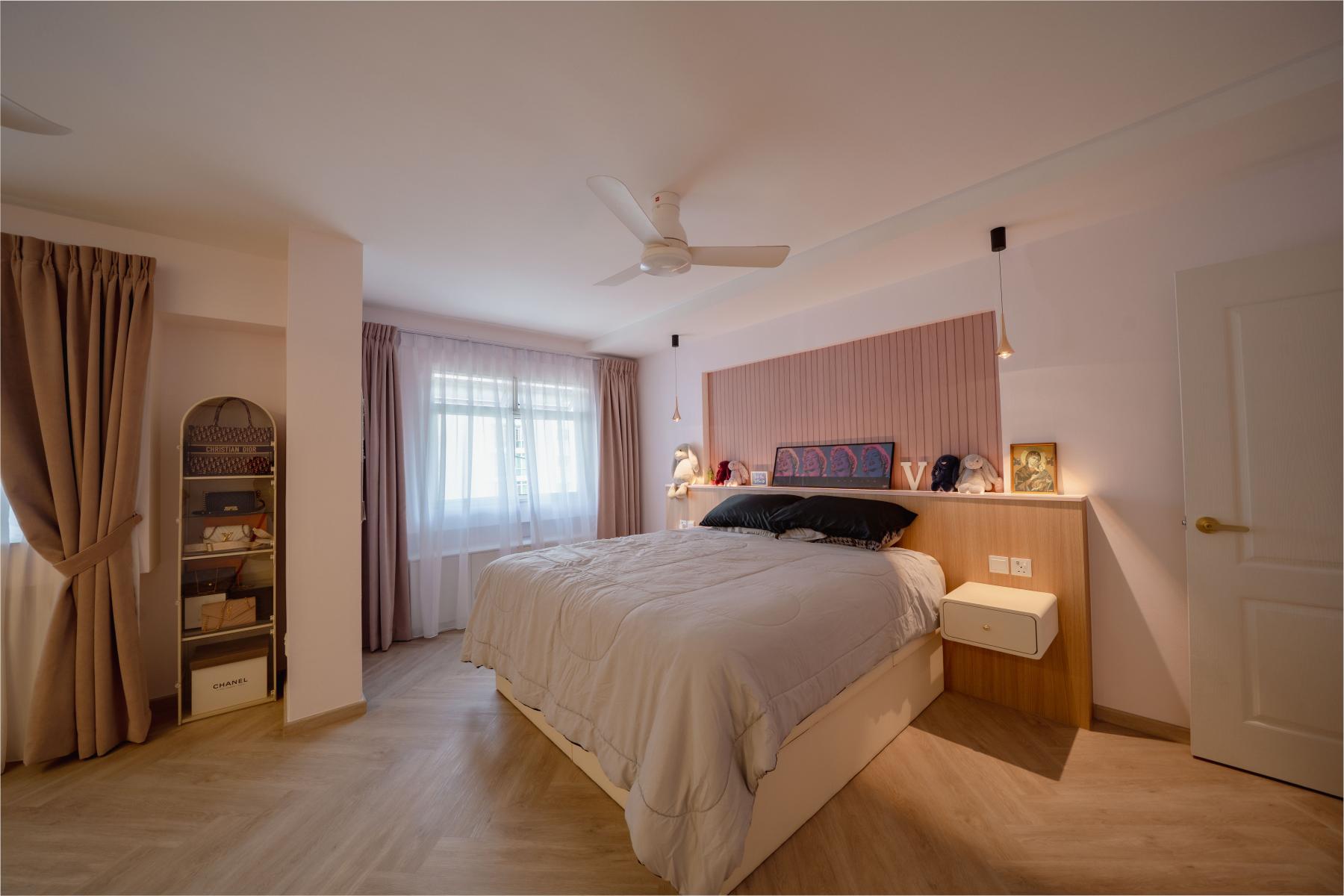 Country Bedroom with Vinyl Flooring and Built-in Bed