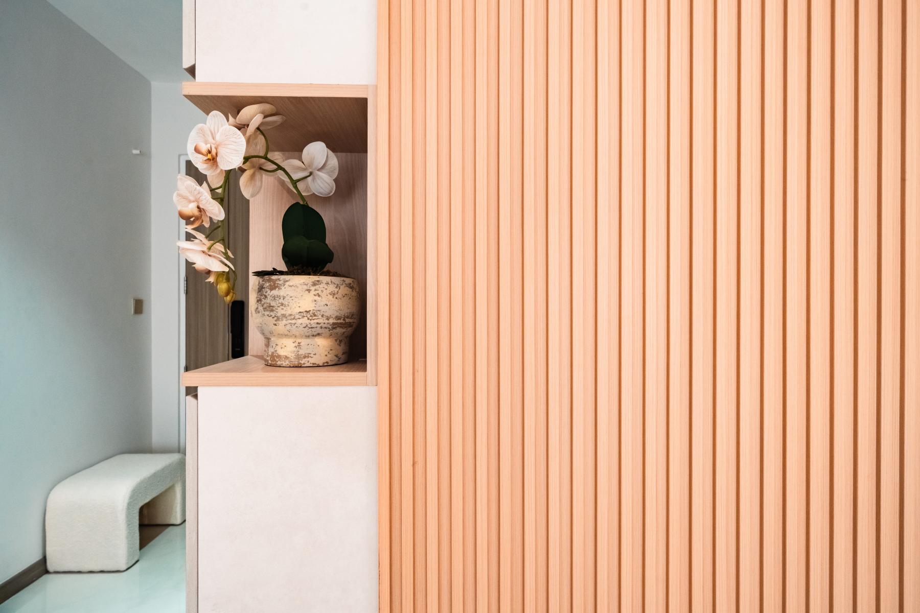 Minimalist Hallway with Feature Wall and Open Storage