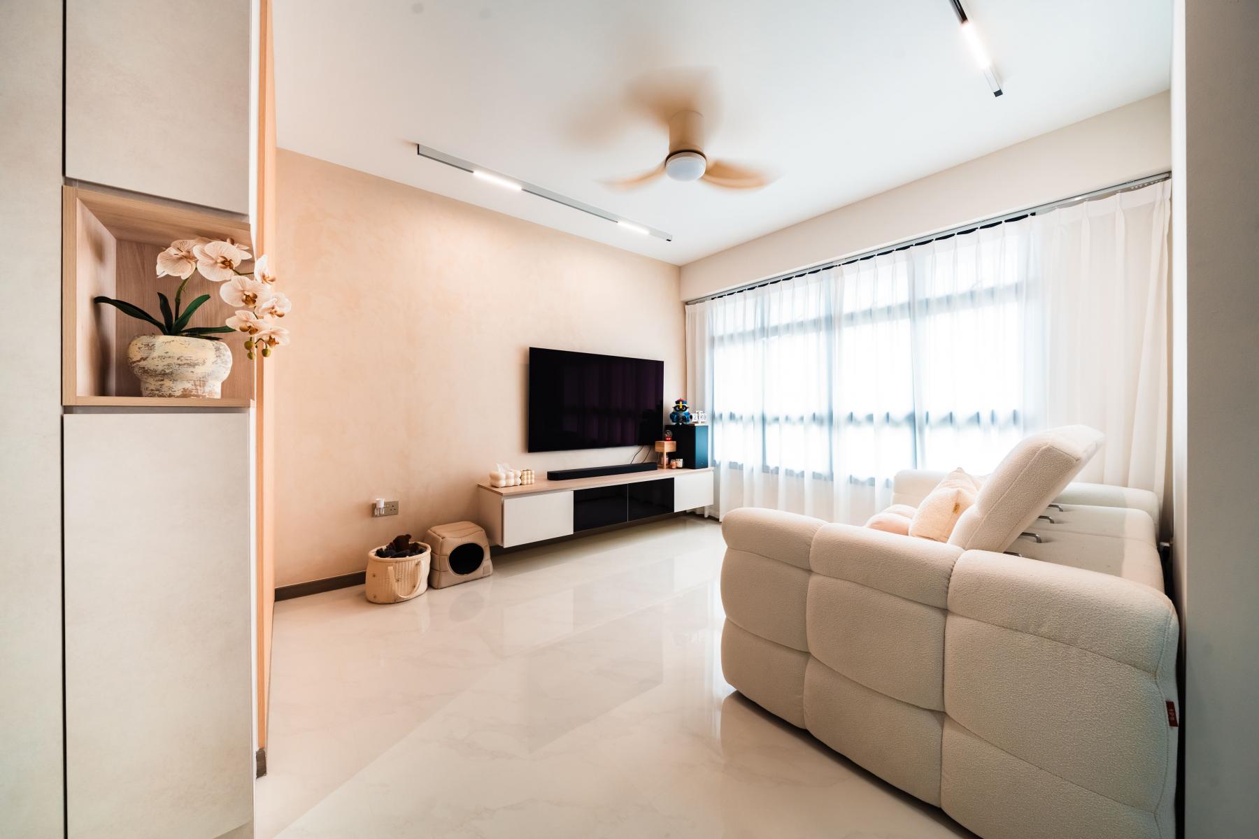 Minimalist Living Room with Marble Floor and TV Console