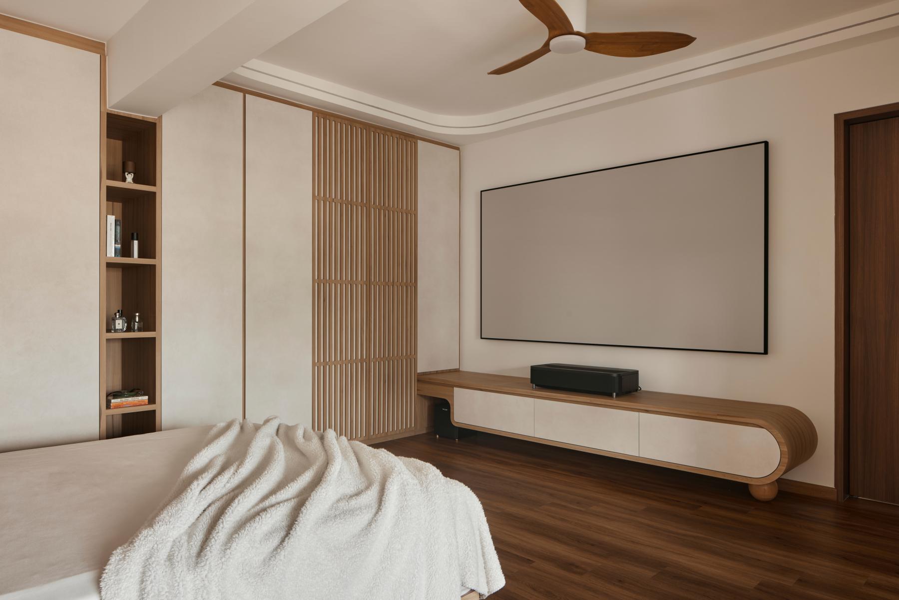 Asian Bedroom with Wood Flooring and Wardrobe