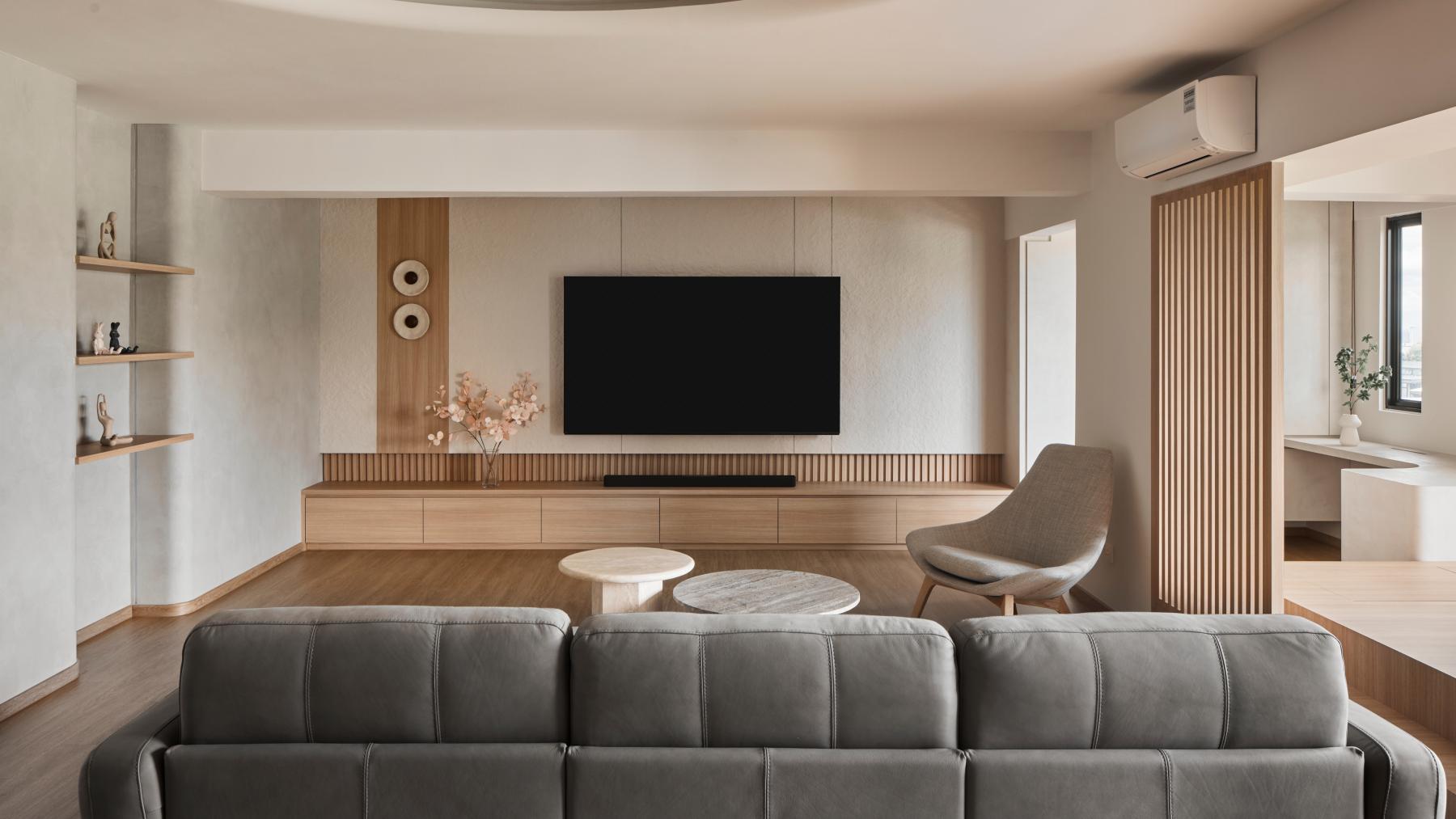 Asian Living Room with Wood Flooring and TV Console