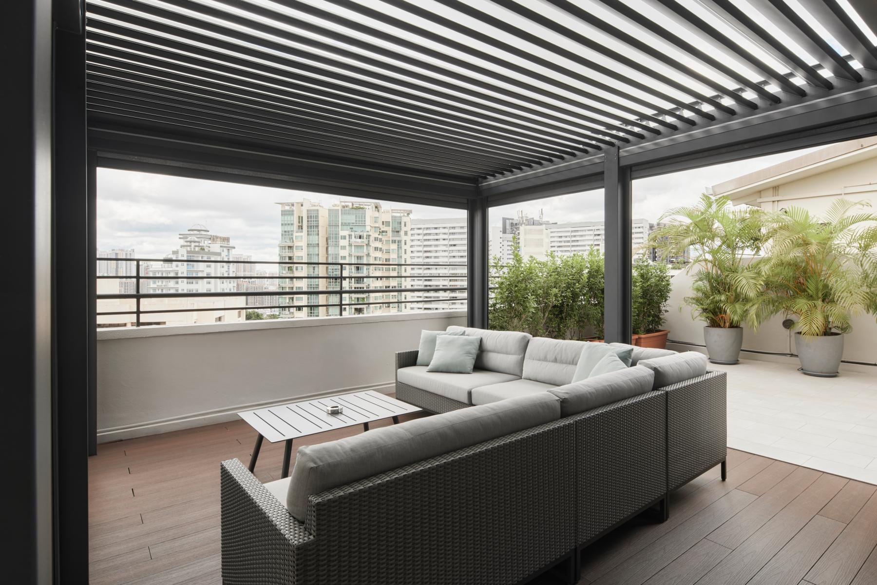 Asian Rooftop with Outdoor Table and Outdoor Cushions