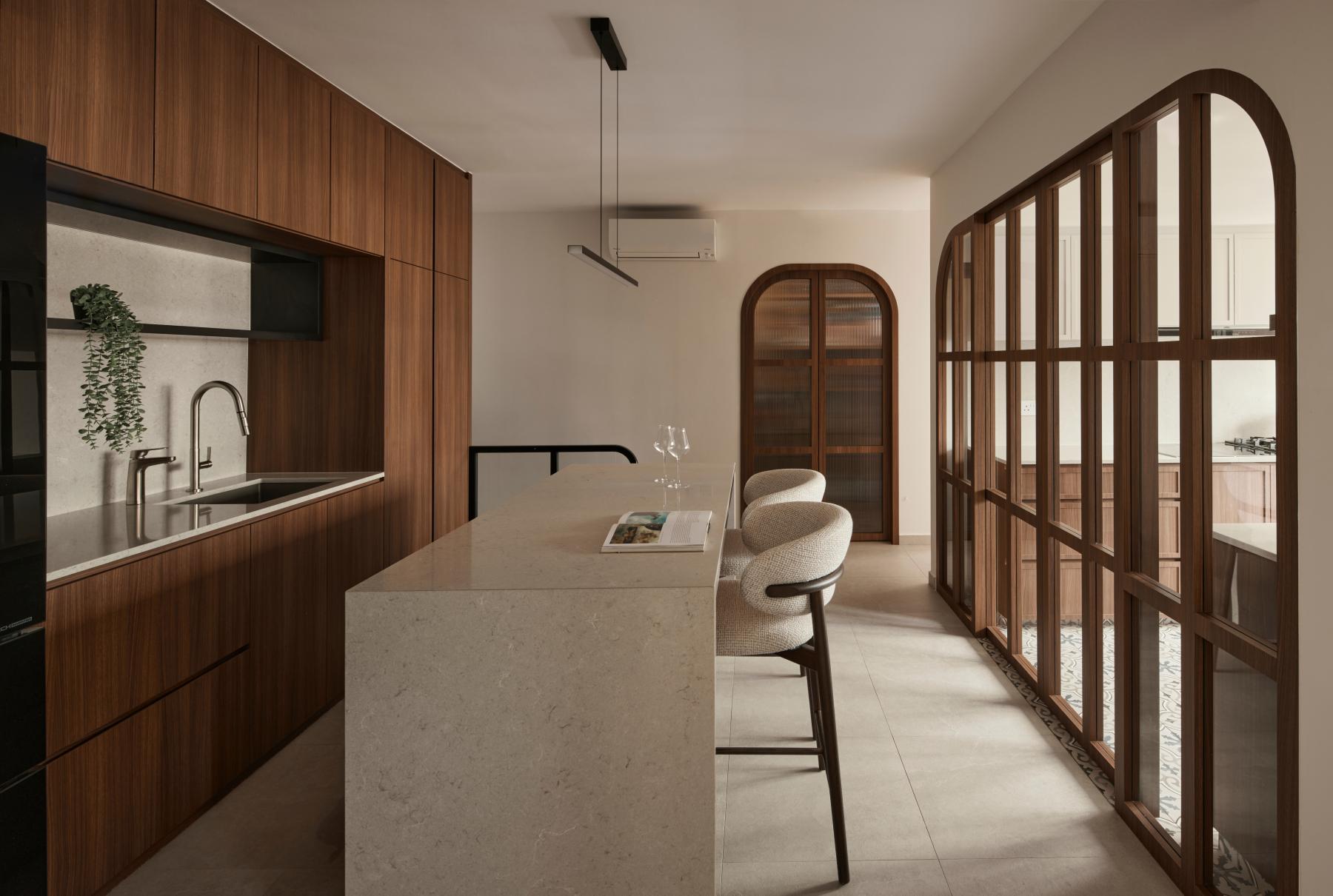 Asian Kitchen with Countertop and Marble Floor