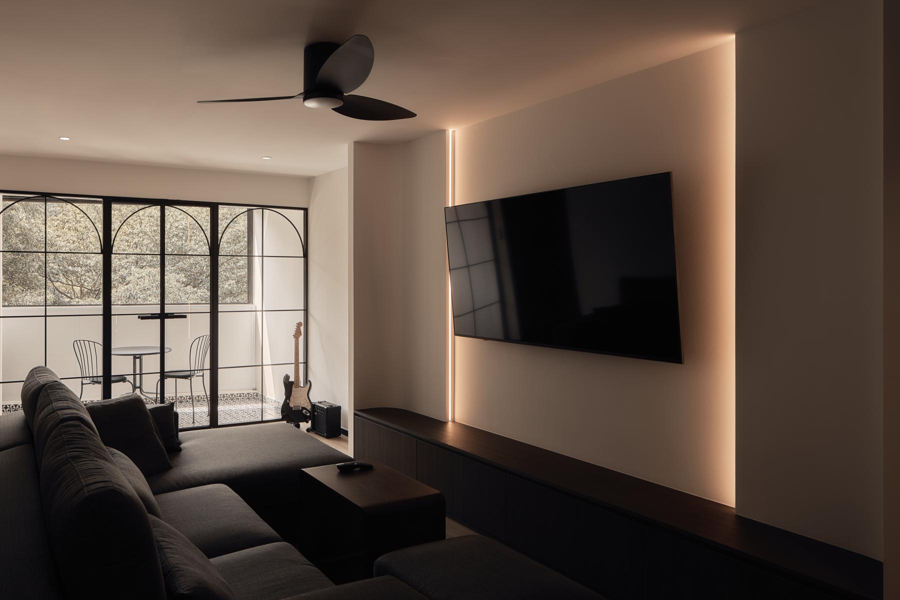 Contemporary Living Room with Wood Flooring and TV Console