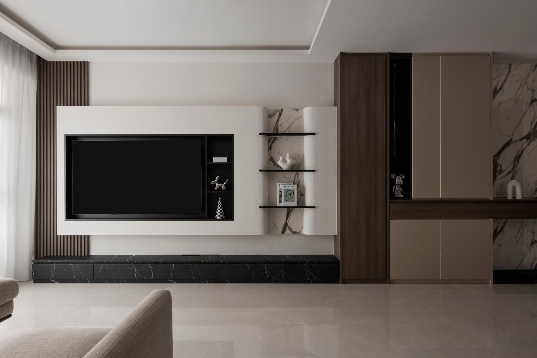 Contemporary Living Room with Marble Floor and TV Console