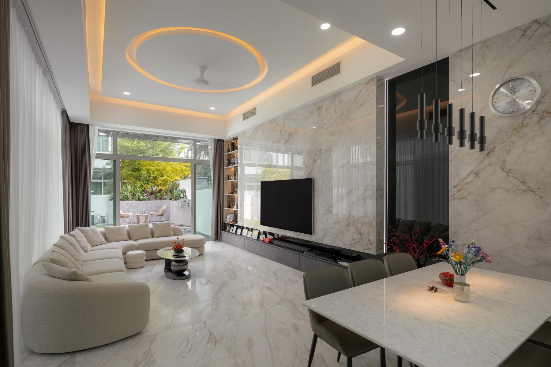 Contemporary Living Room with TV Console and Feature Wall