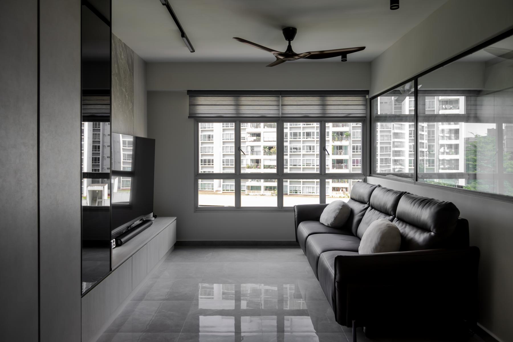 Contemporary Living Room with Homogeneous Tiles and TV Console