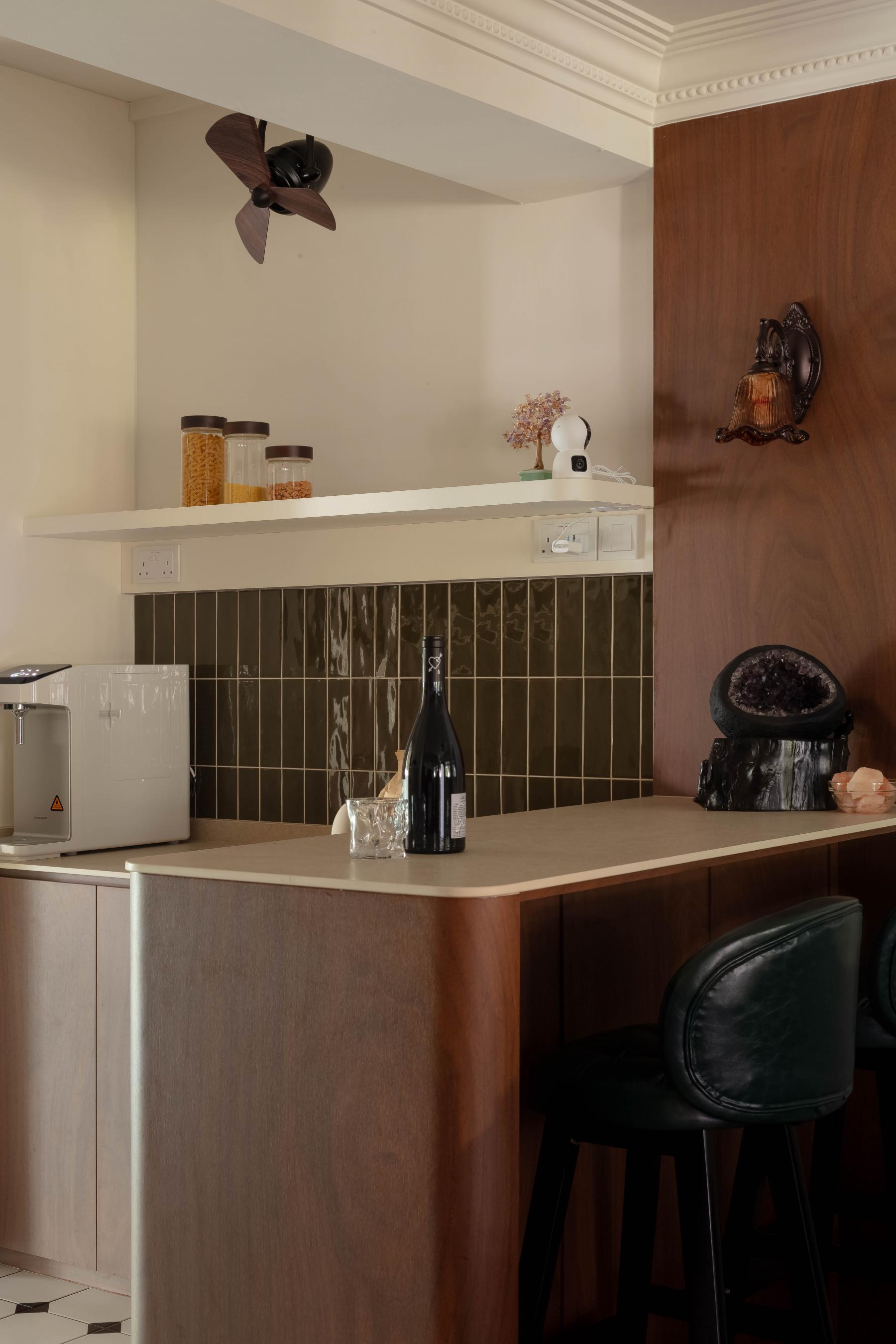 Contemporary Kitchen with Herringbone Tiling and Wood Flooring