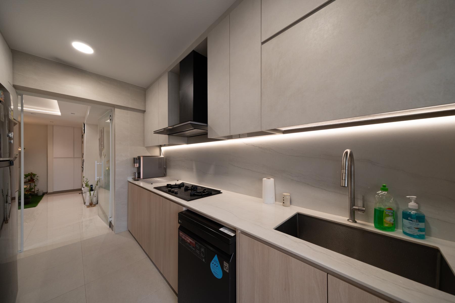 Contemporary Kitchen with Wood Flooring and Kitchen Window