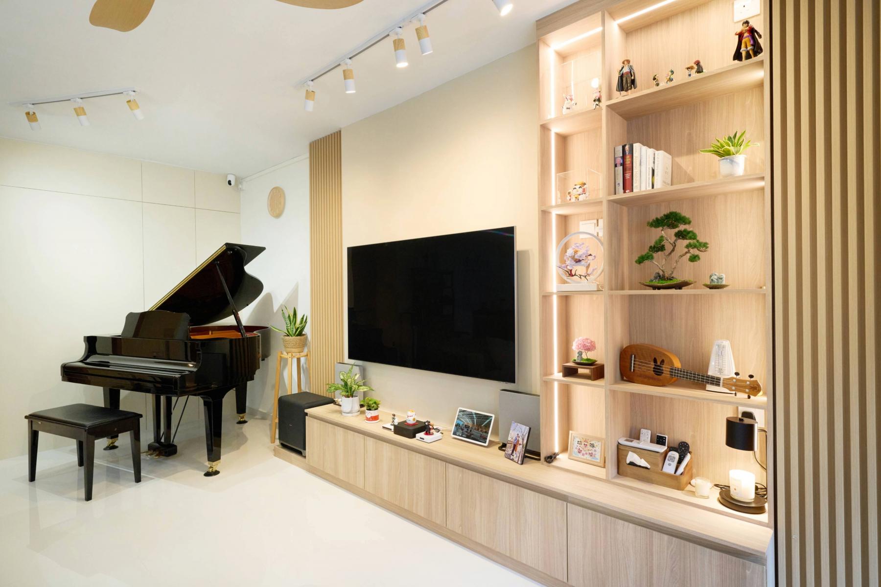 Scandinavian Living Room with Homogeneous Tiles and TV Console