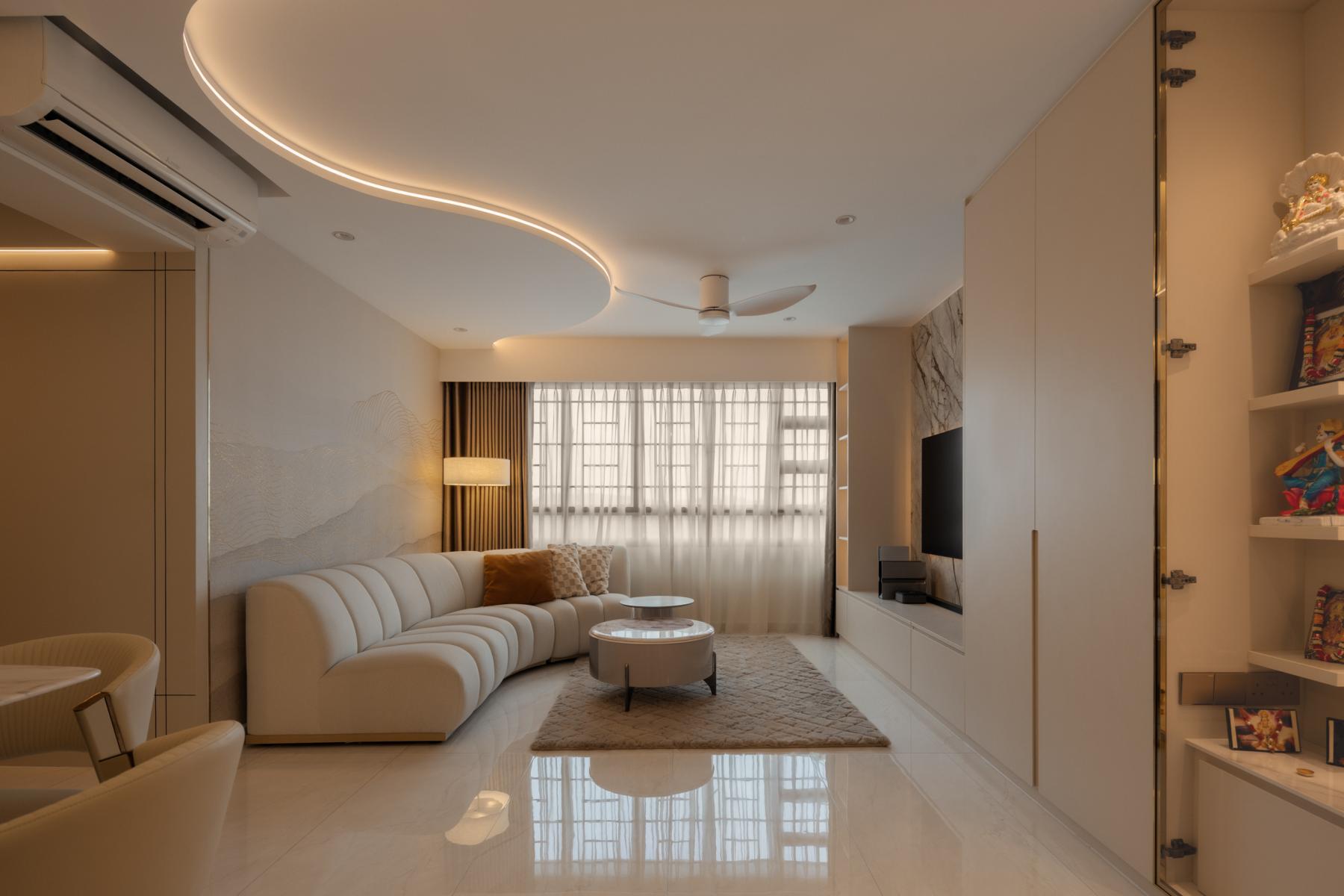 Modern Living Room with Homogeneous Tiles and Ceiling Light