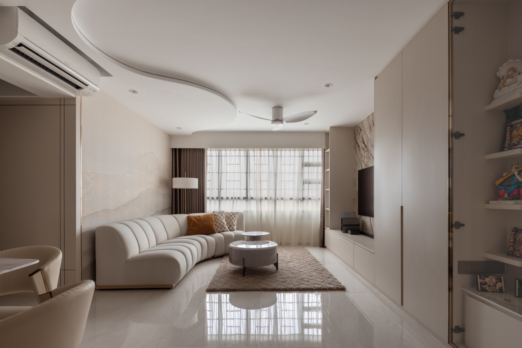 Modern Living Room with Homogeneous Tiles and Feature Wall
