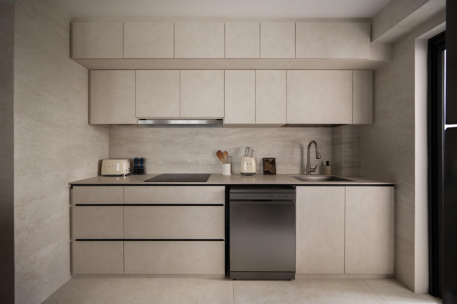 Minimalist Kitchen with Cupboard and Kitchen Backsplash