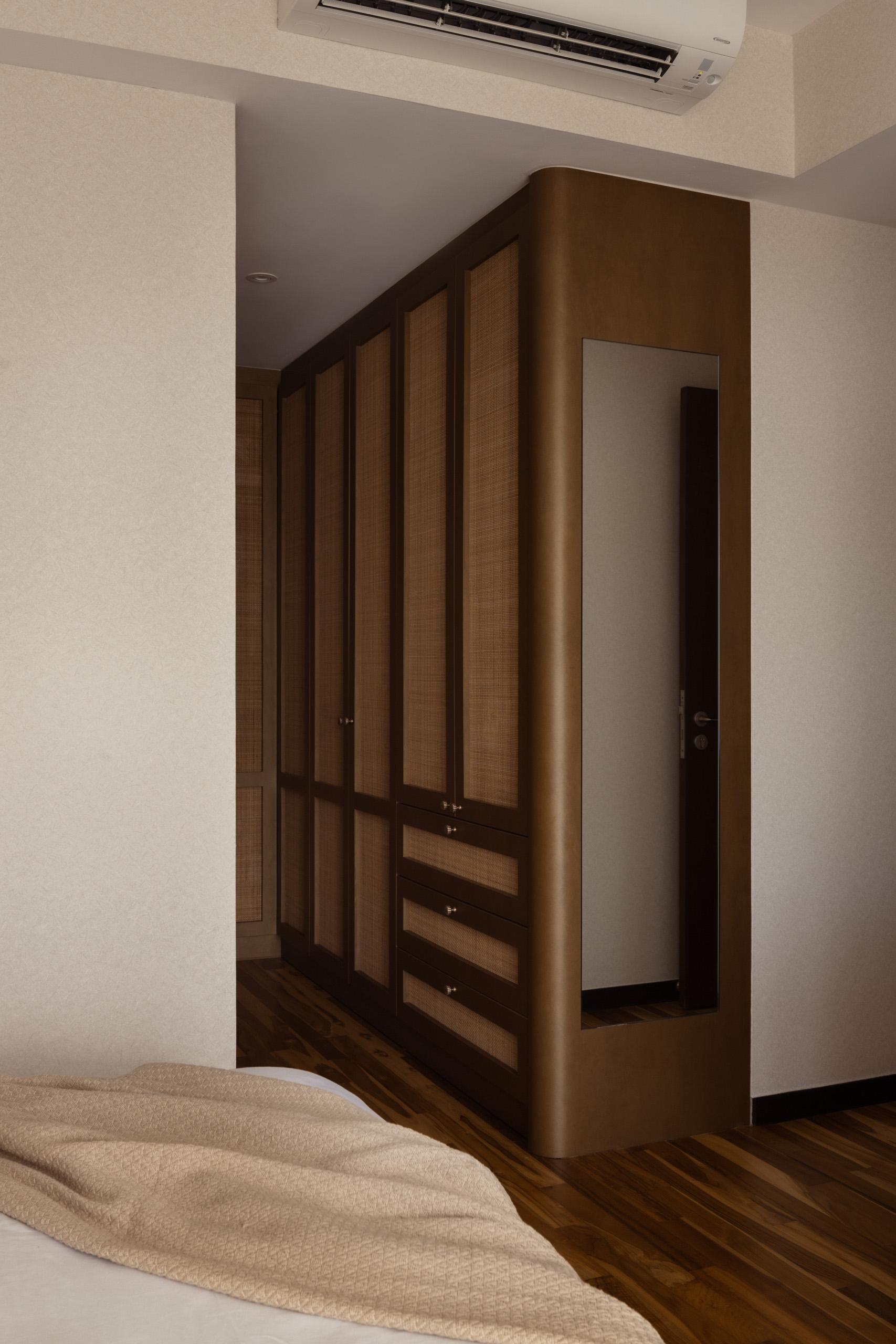 Asian Bedroom with Parquet Floor and Wood Flooring
