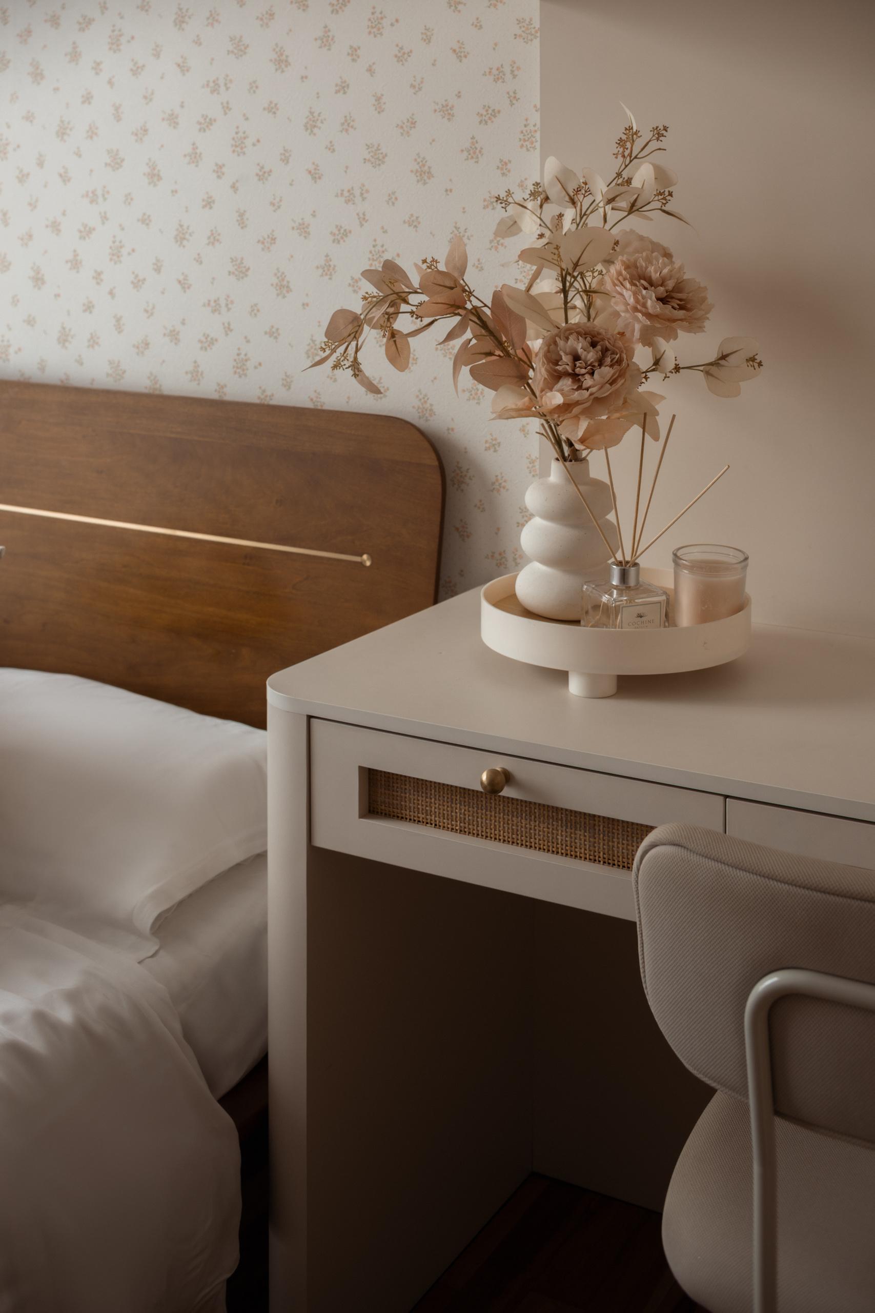Asian Bedroom with Wallpaper and Desk