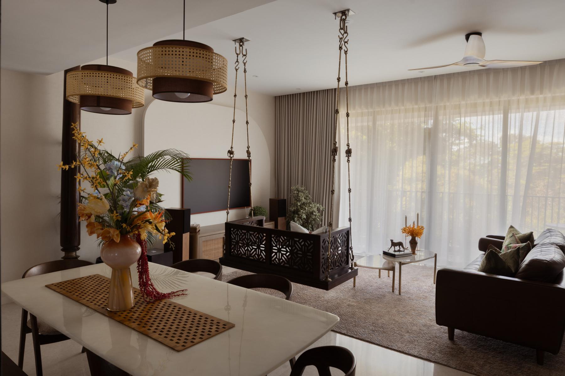 Asian Living Room with TV Console and Feature Wall