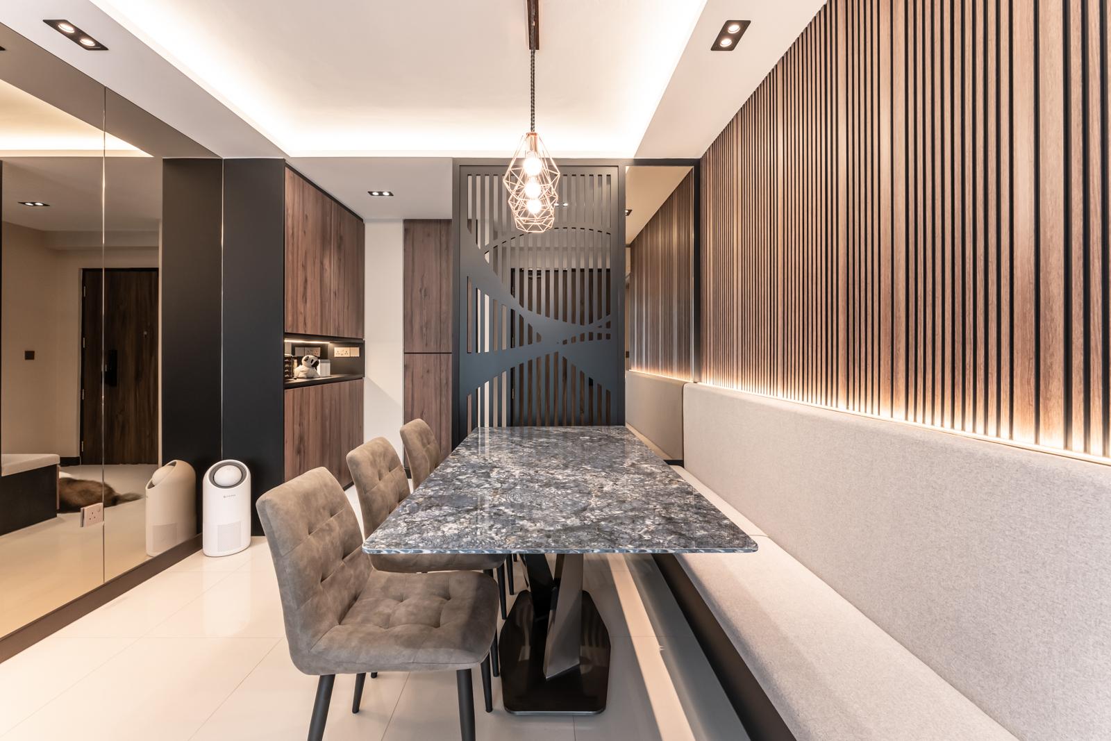 Modern Dining Room with Cove Lighting and Ceiling Light