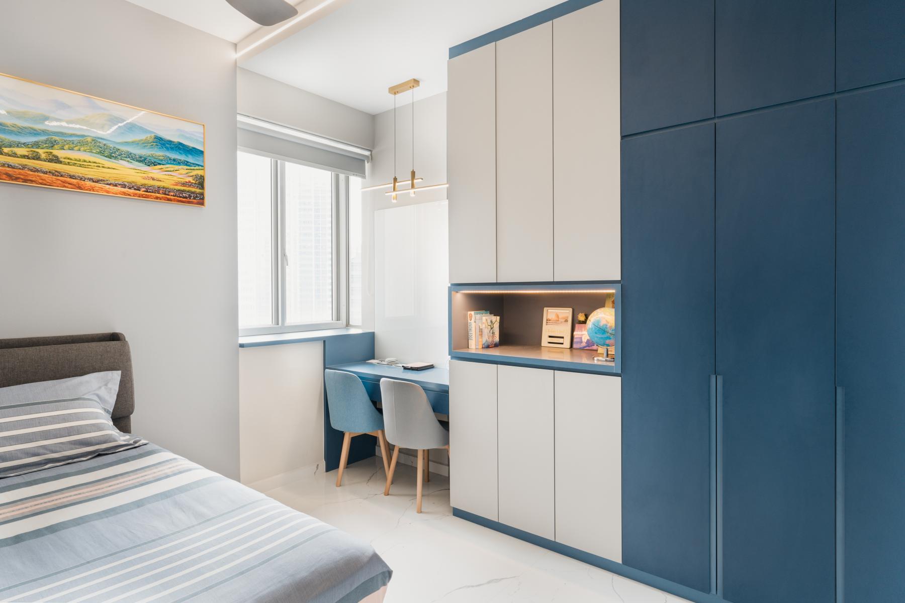 Modern Bedroom with Bookshelf and Cove Lighting