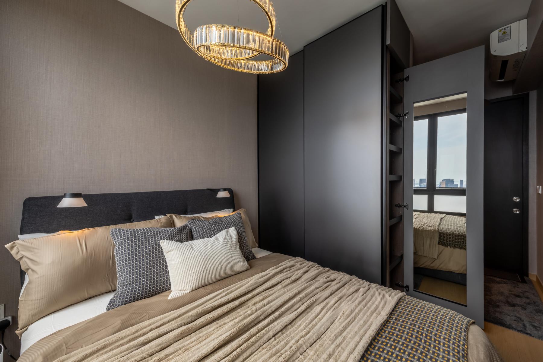 Modern Bedroom with Parquet Floor and Feature Wall